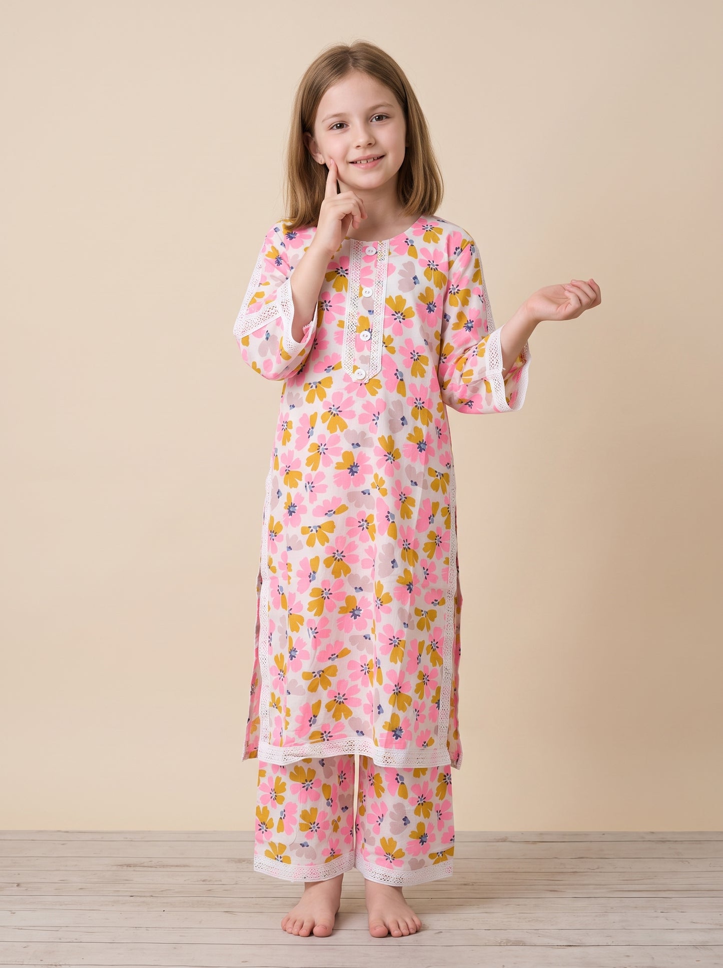Cotton Printed Lace Work Kurti Set 1654 Pink