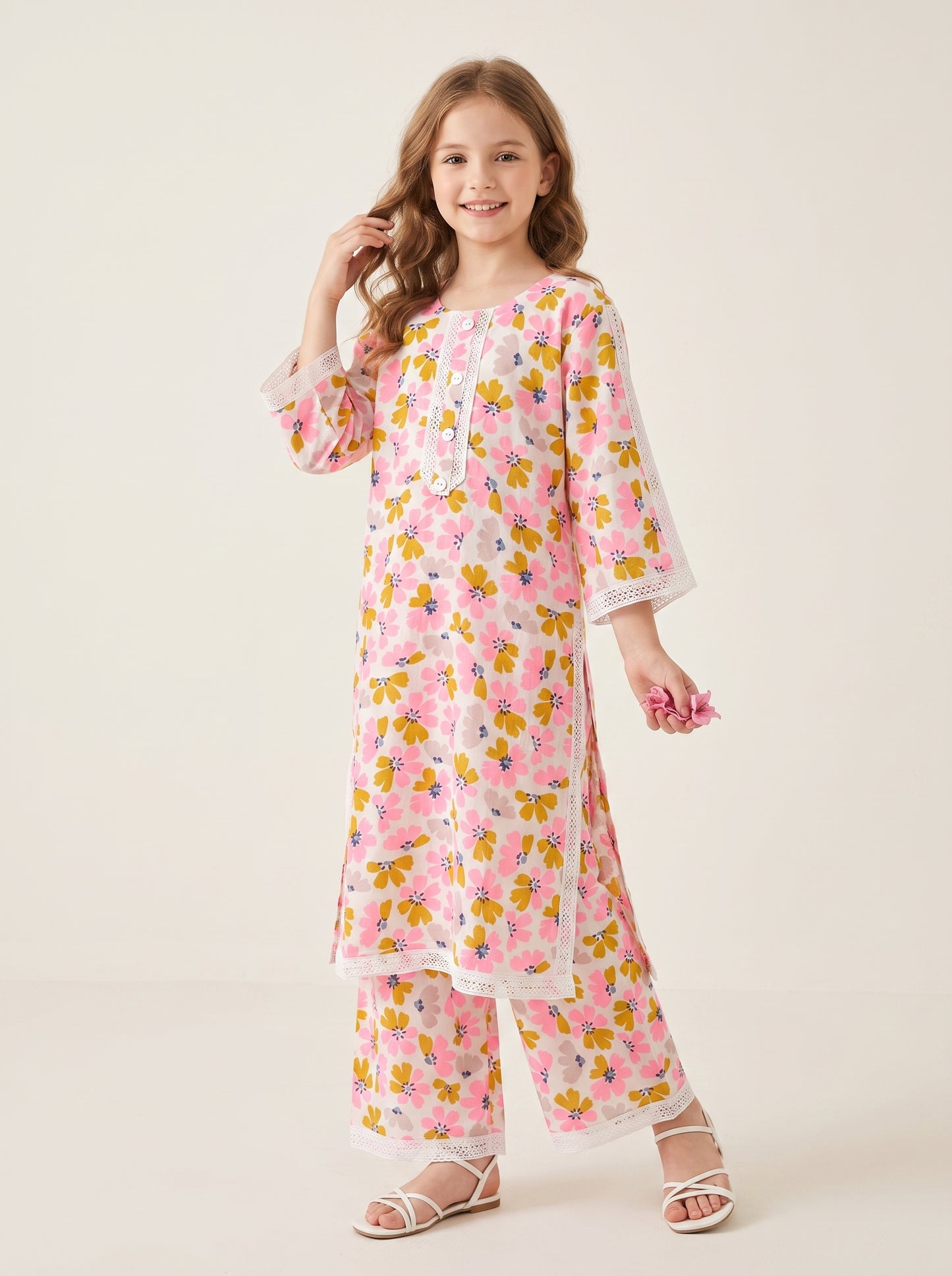 Cotton Printed Lace Work Kurti Set 1654 Pink