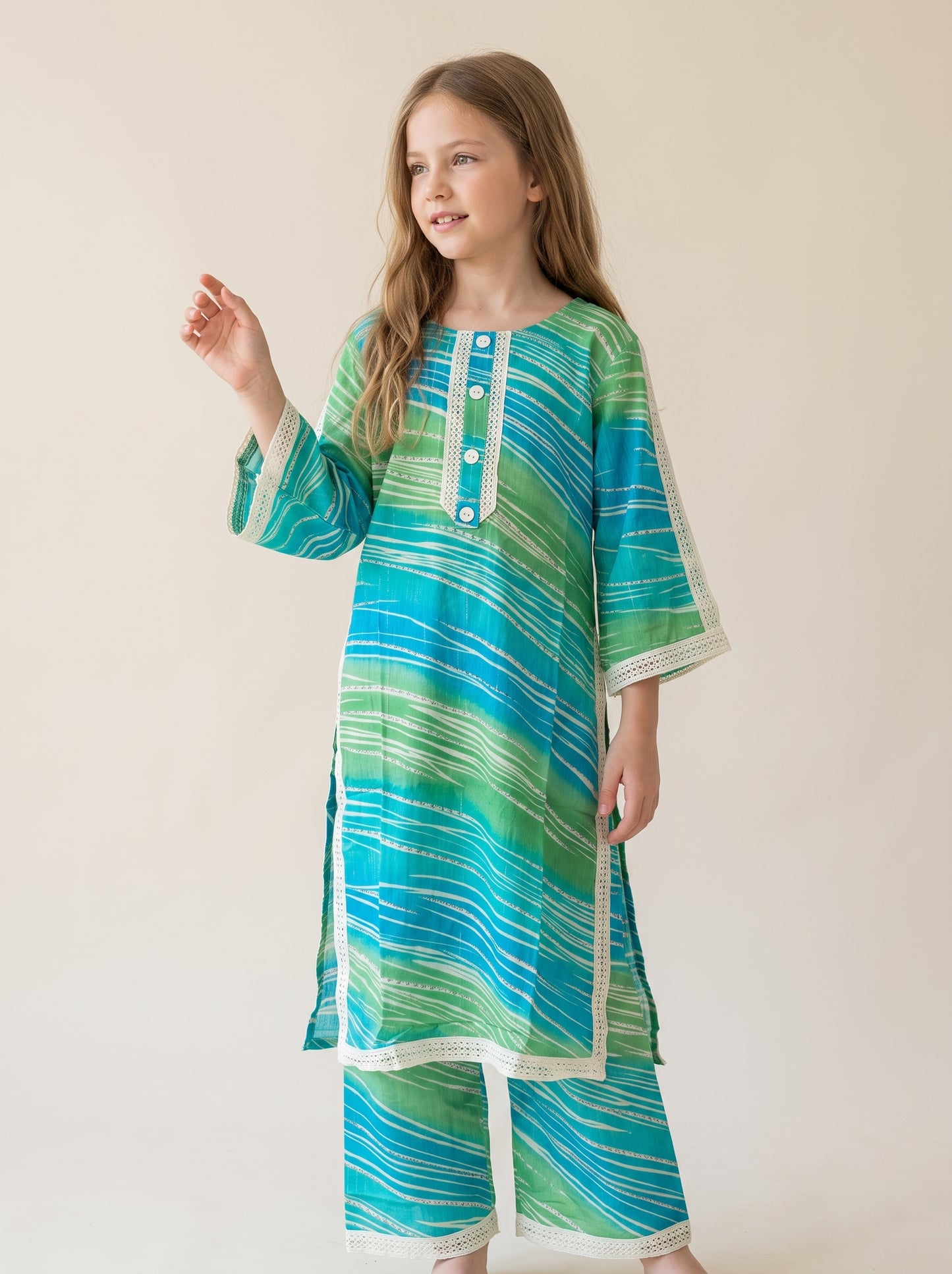 Cotton Printed Lace Work Kurti Set 1655 Green