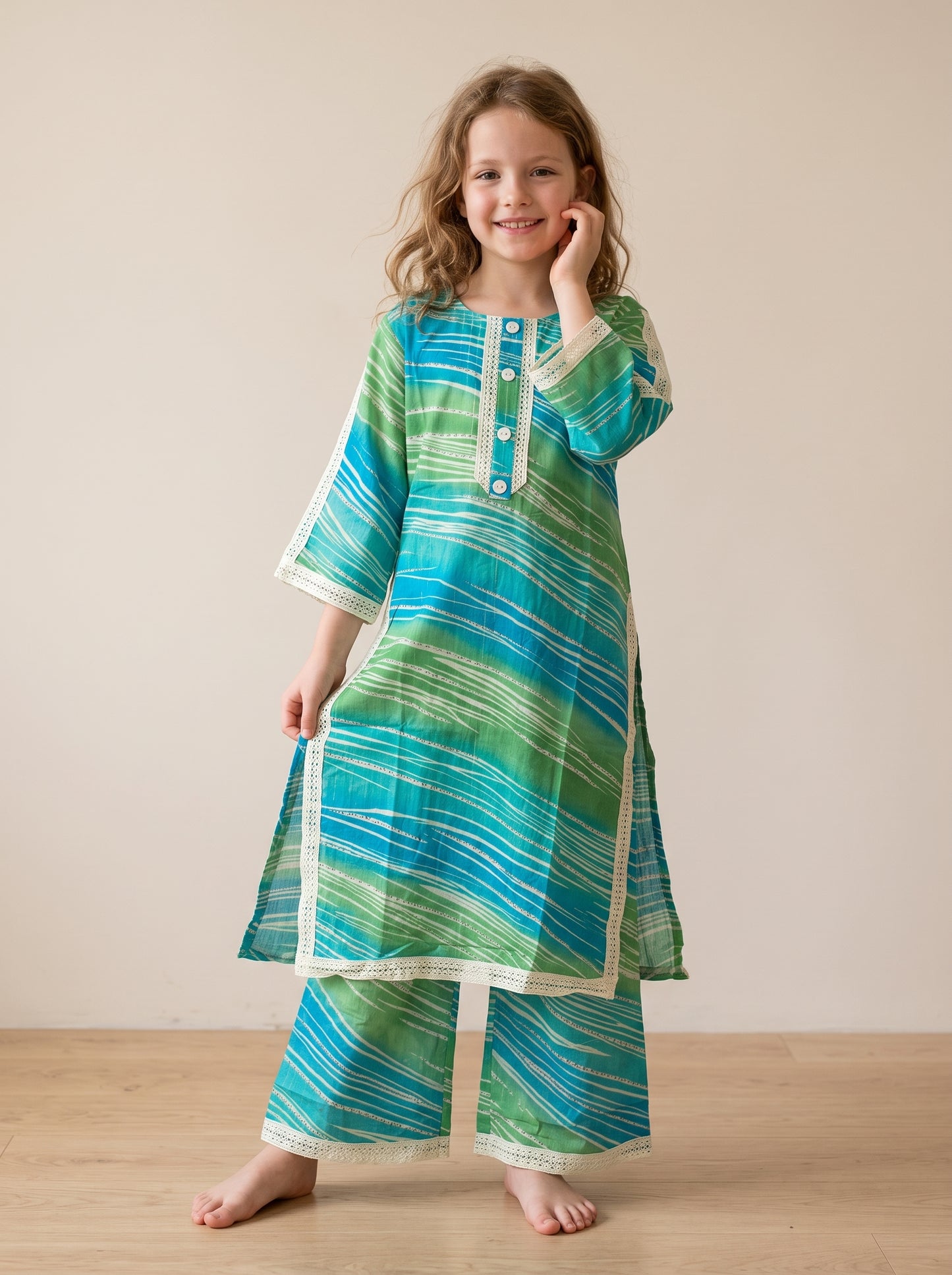 Cotton Printed Lace Work Kurti Set 1655 Green