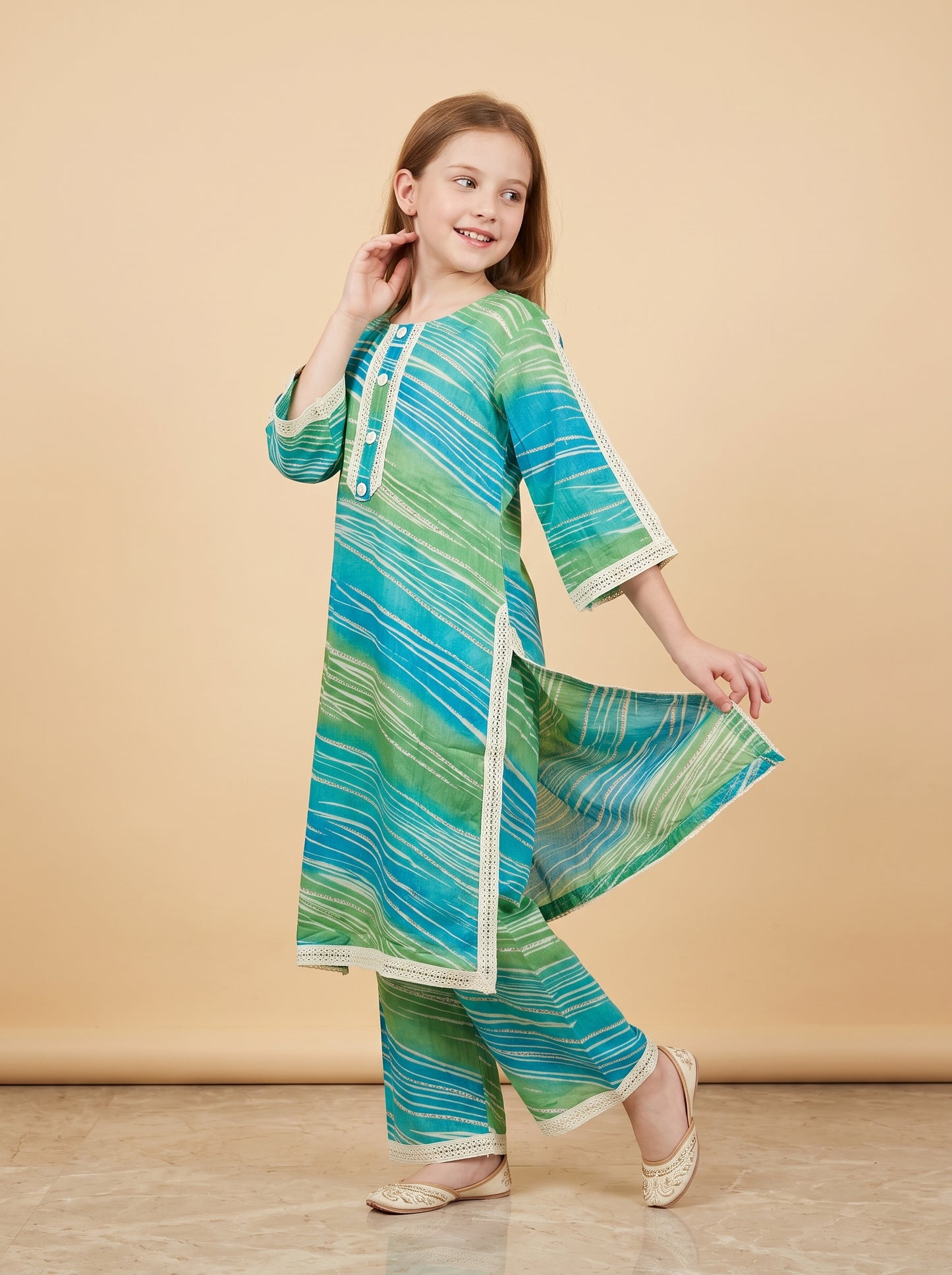 Cotton Printed Lace Work Kurti Set 1655 Green