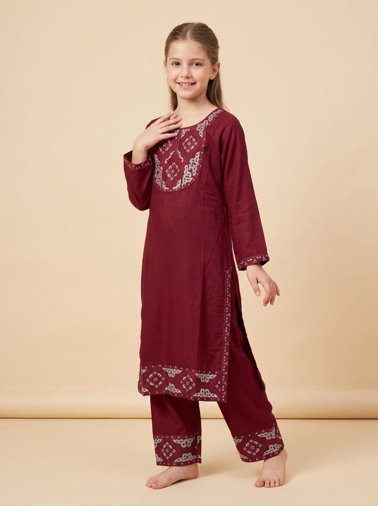 Cotton Embroidery Kurti Set 1672 Maroon