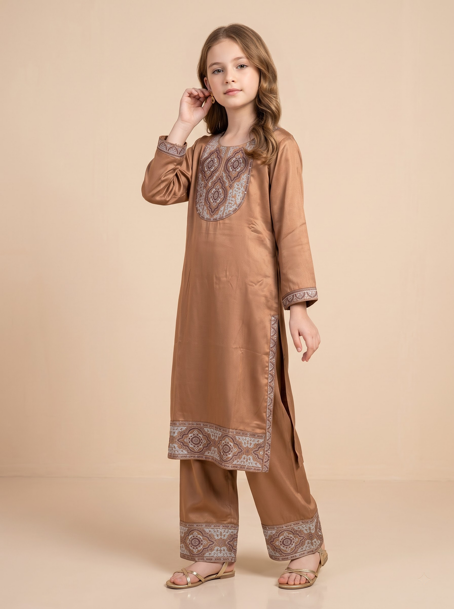 Cotton Embroidery Kurti Set 1673 Beige