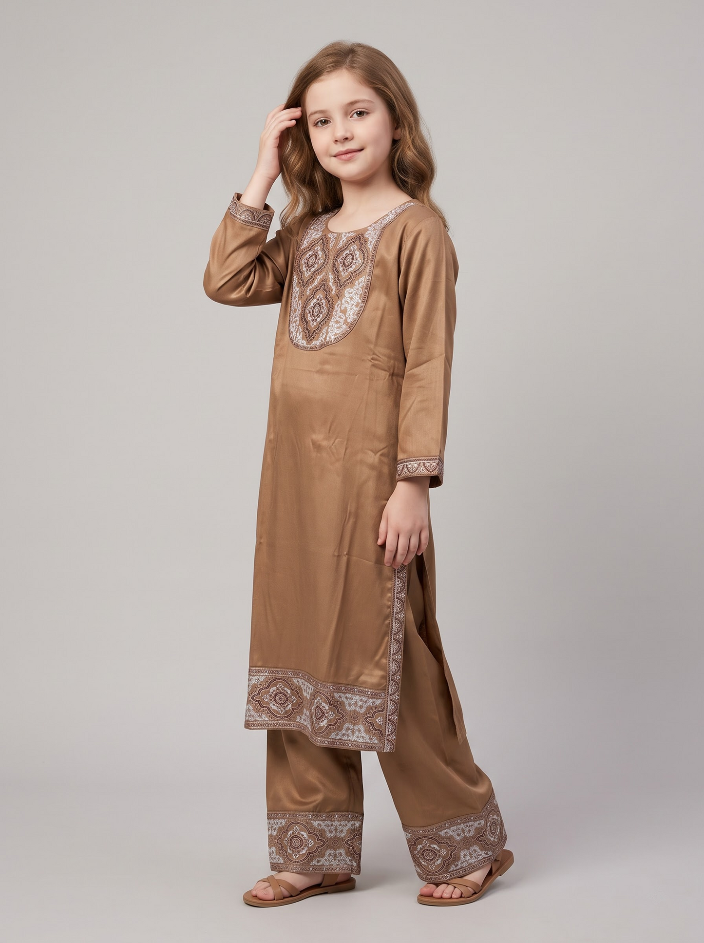 Cotton Embroidery Kurti Set 1673 Beige