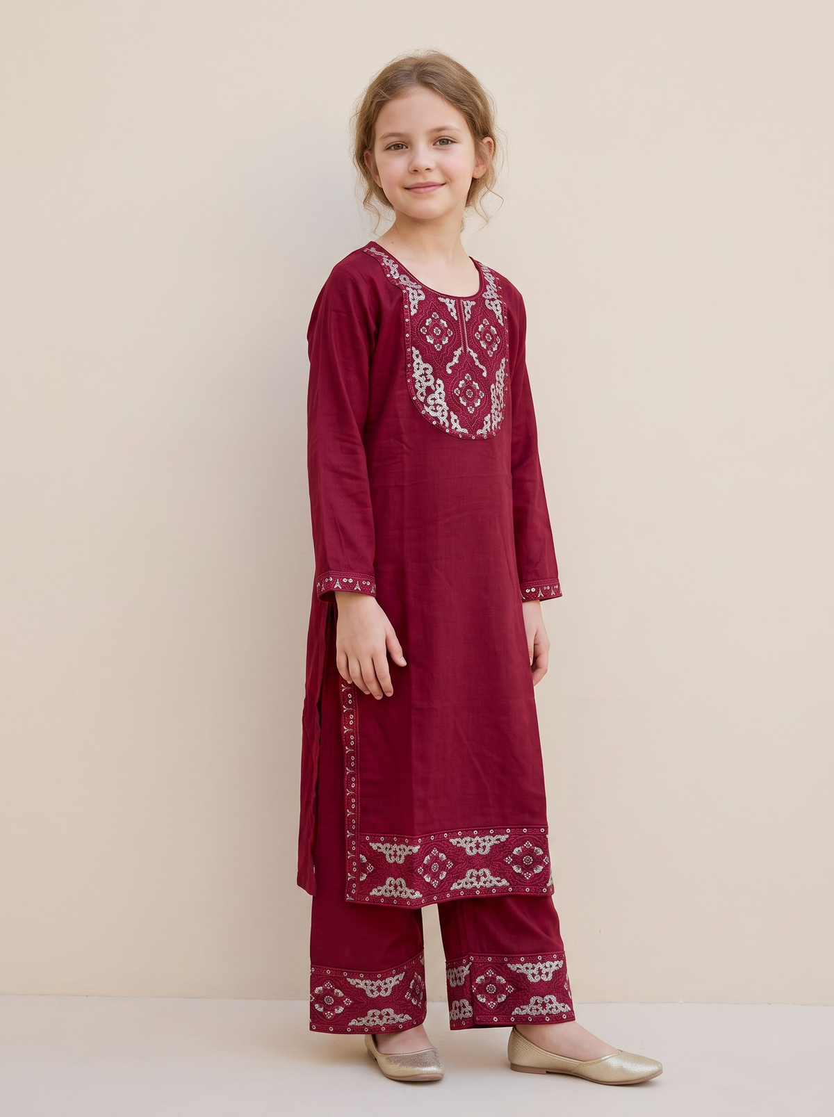 Cotton Embroidery Kurti Set 1672 Maroon