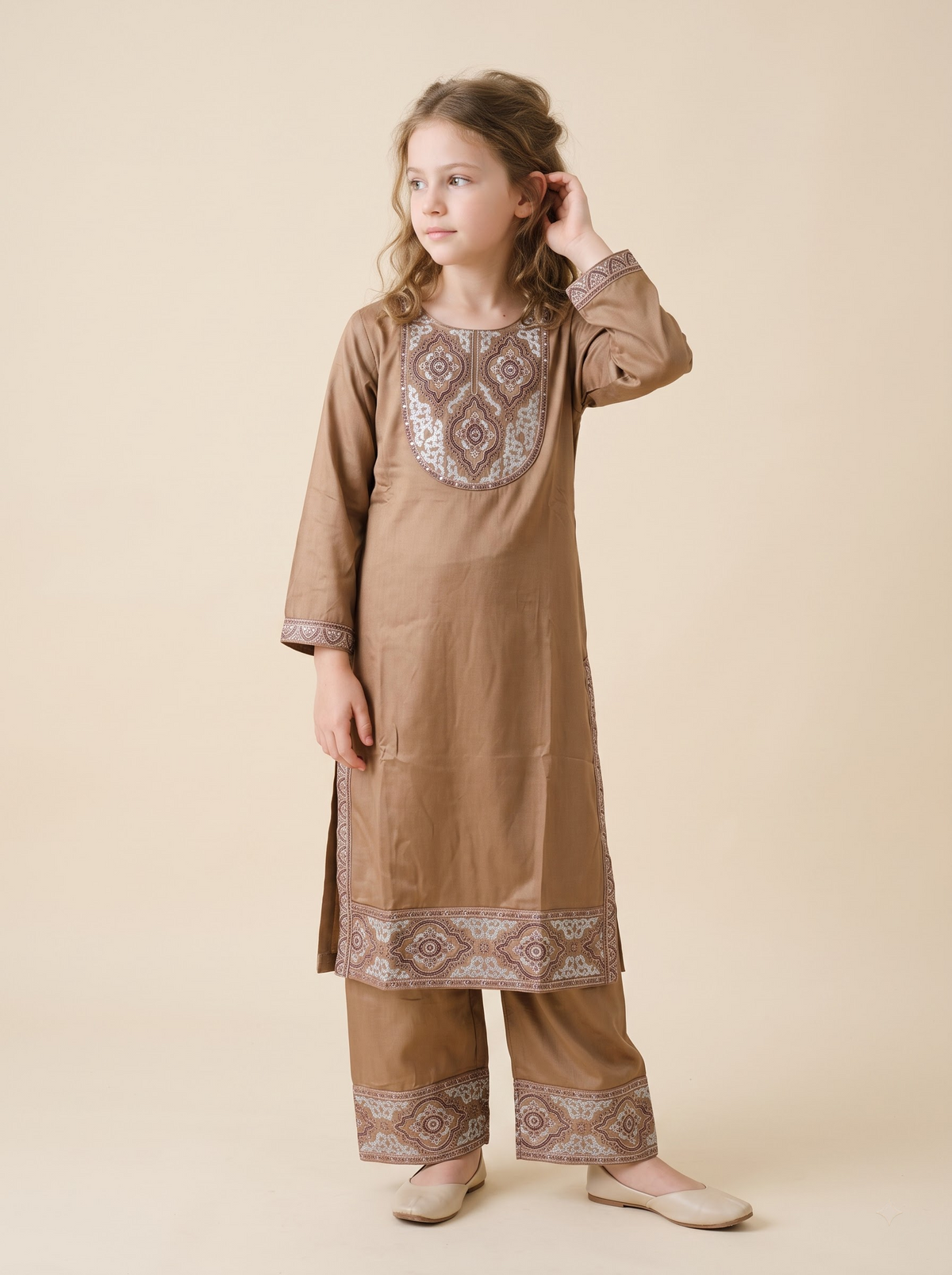 Cotton Embroidery Kurti Set 1673 Beige