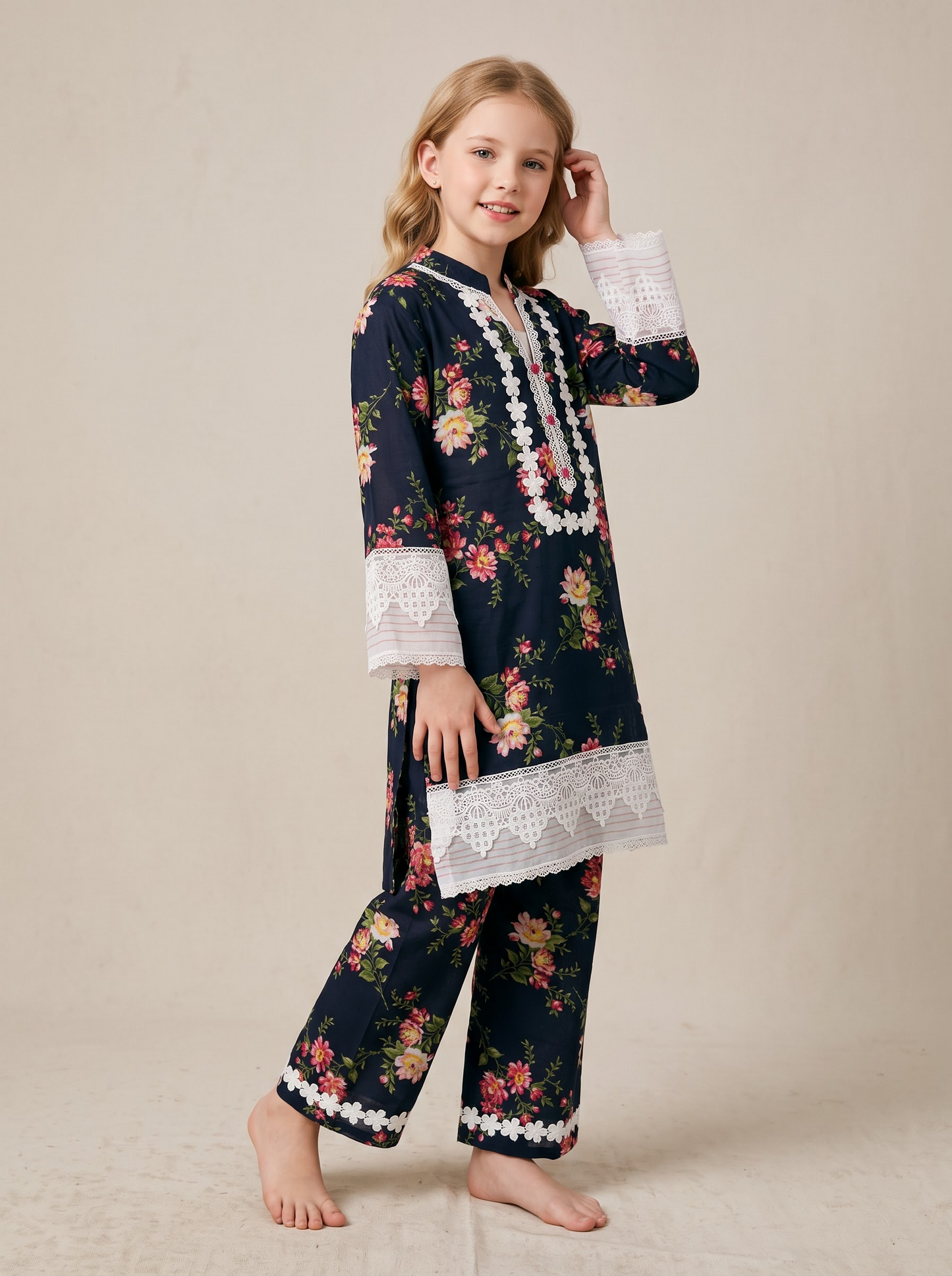 Cotton Printed Lace Work Kurti Set 1677 Blue