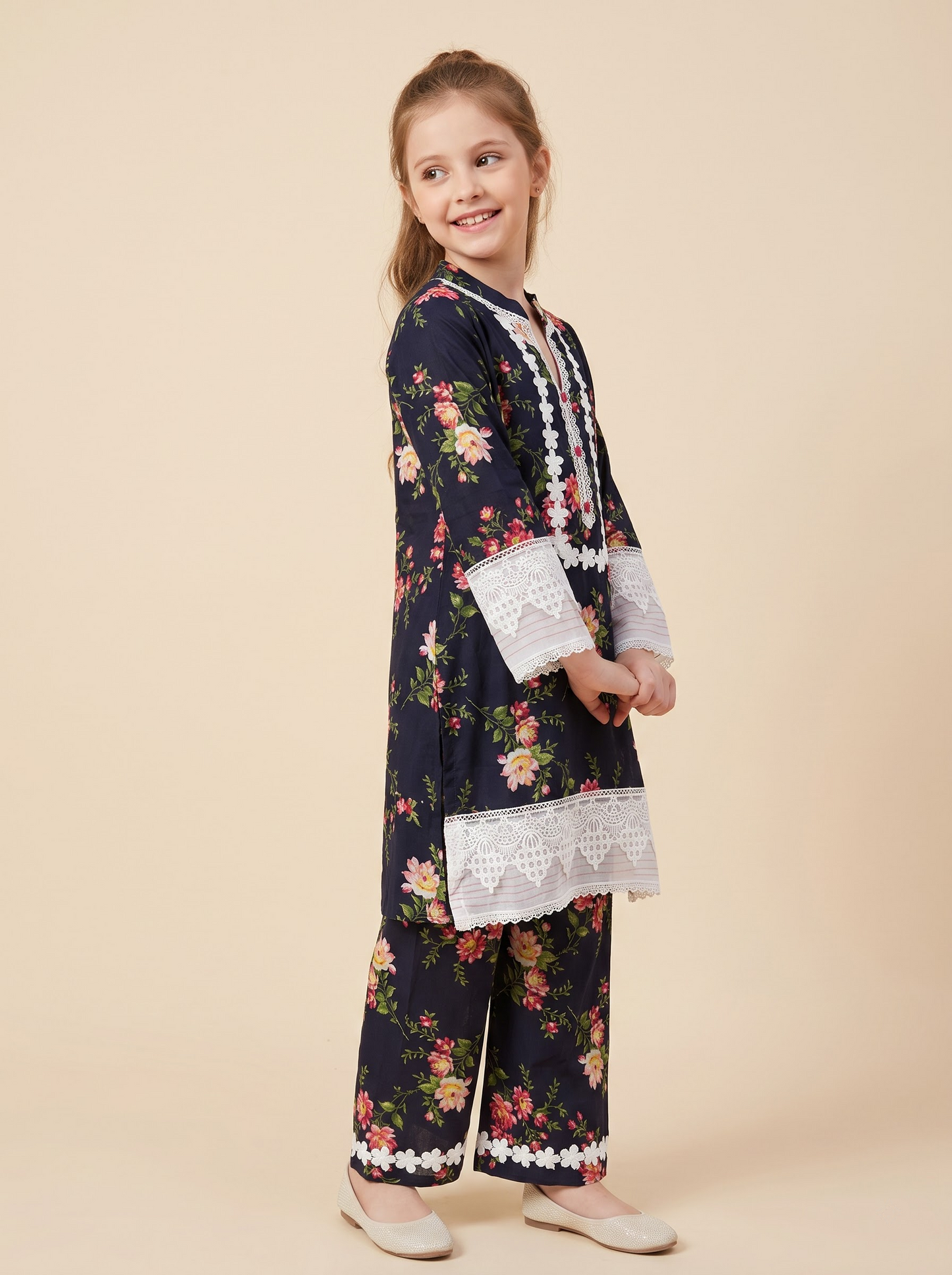 Cotton Printed Lace Work Kurti Set 1677 Blue