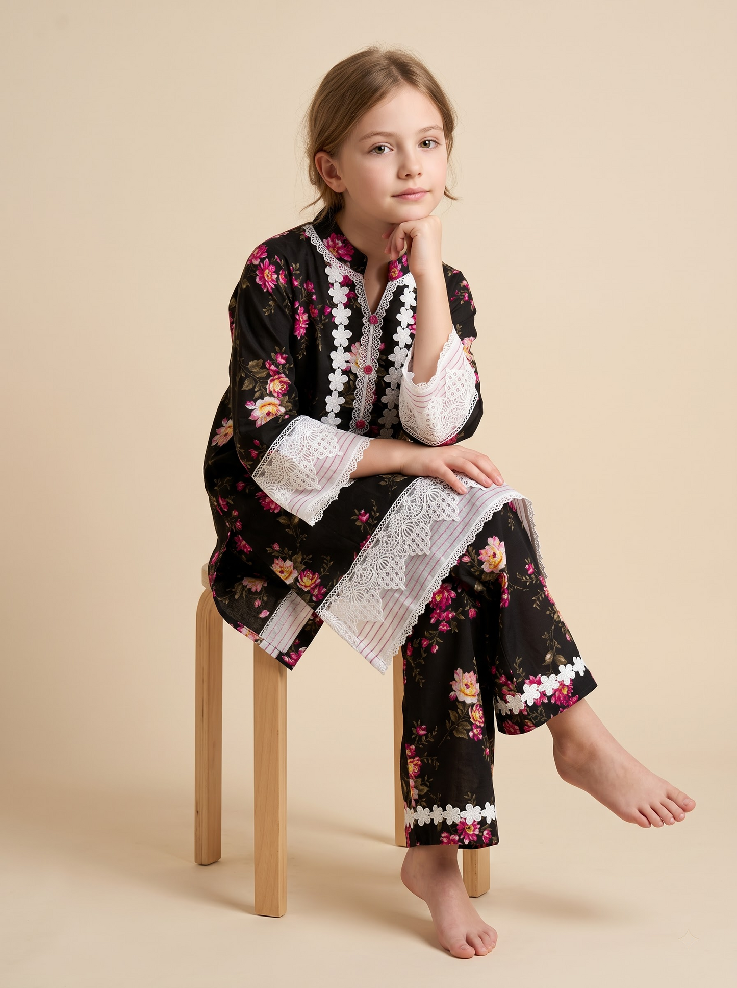 Cotton Printed Lace Work kurti Set 1676 Black