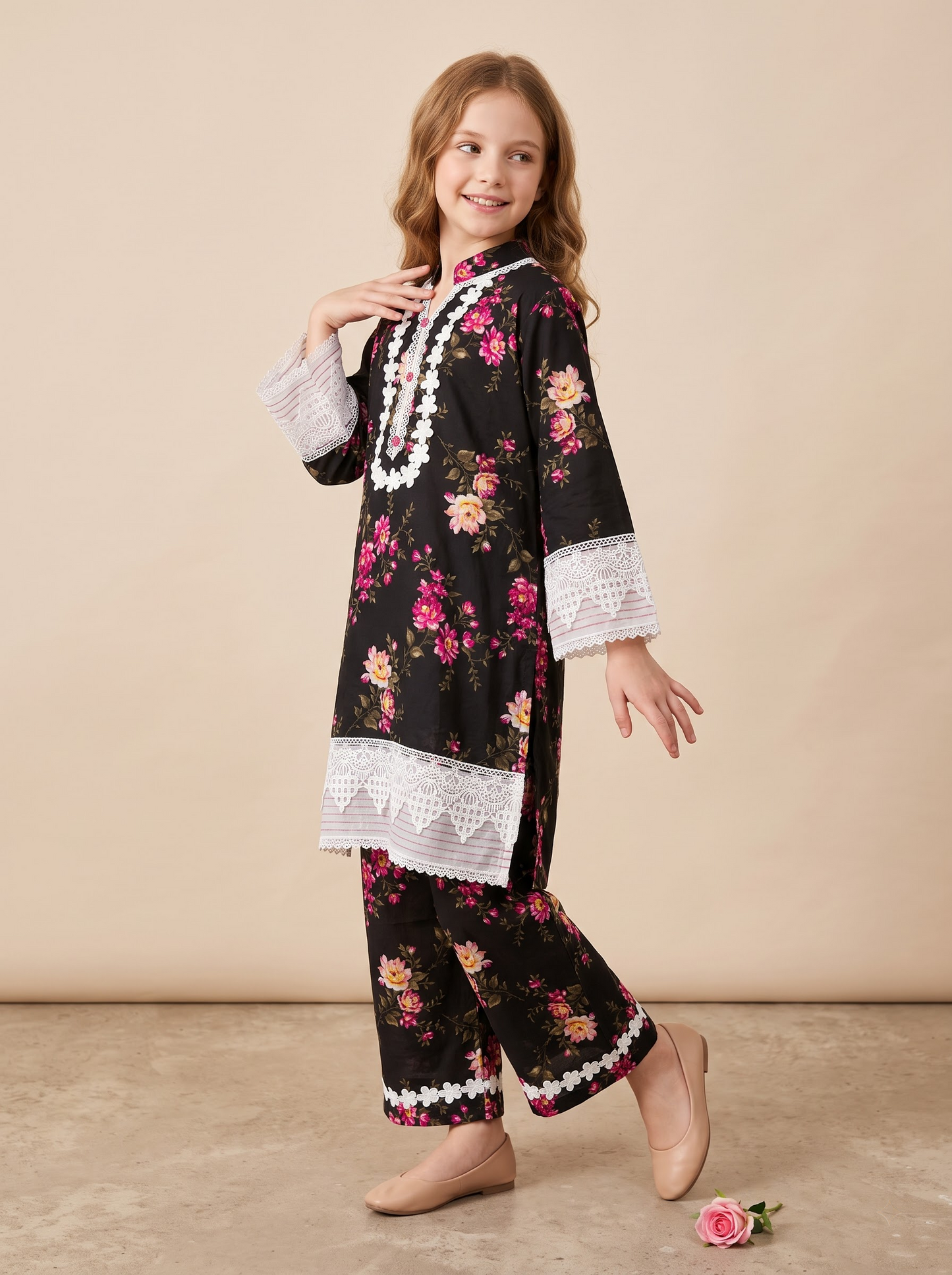 Cotton Printed Lace Work kurti Set 1676 Black
