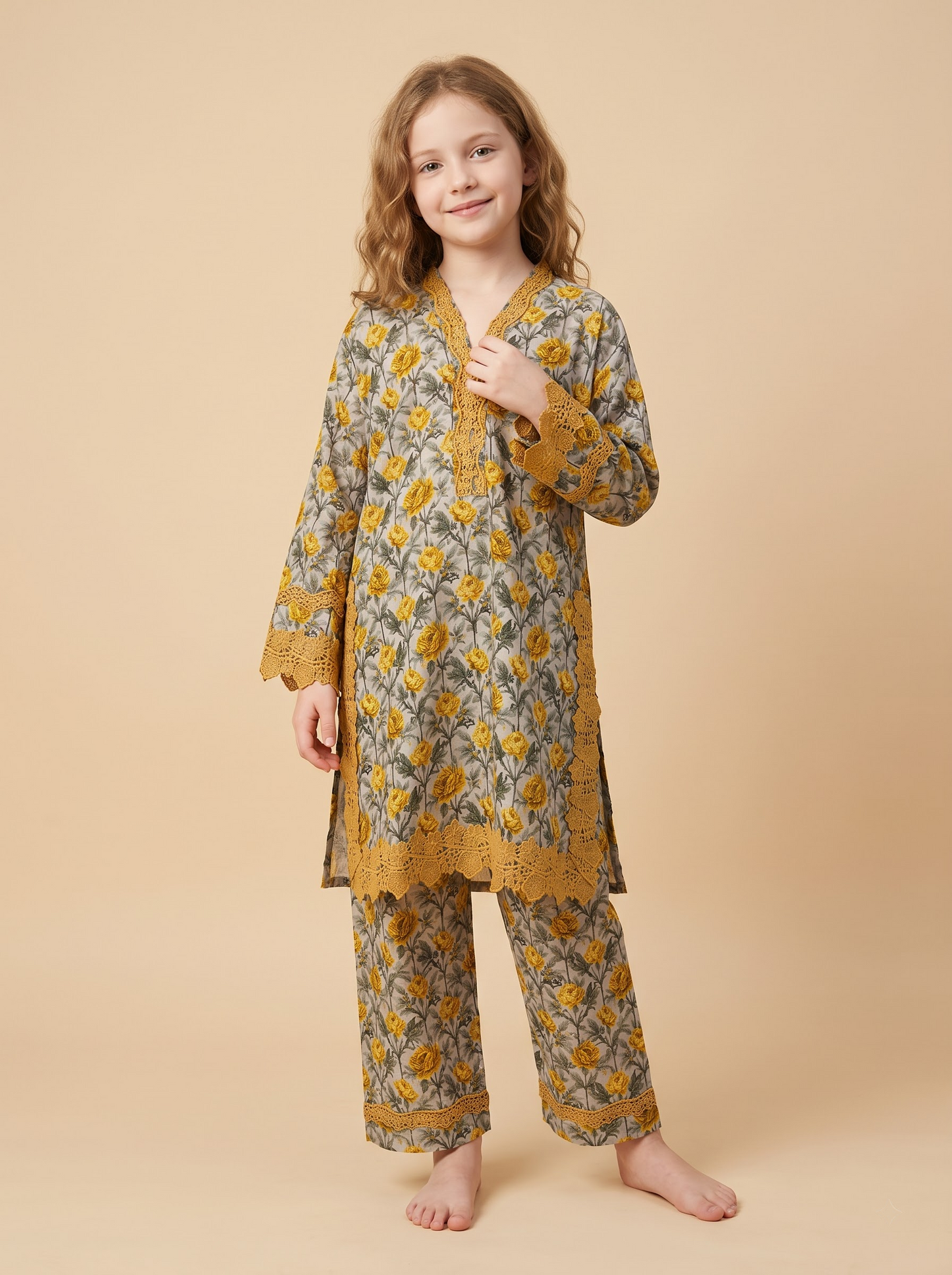 Cotton Printed Lace Work Kurti Set 1674 Grey
