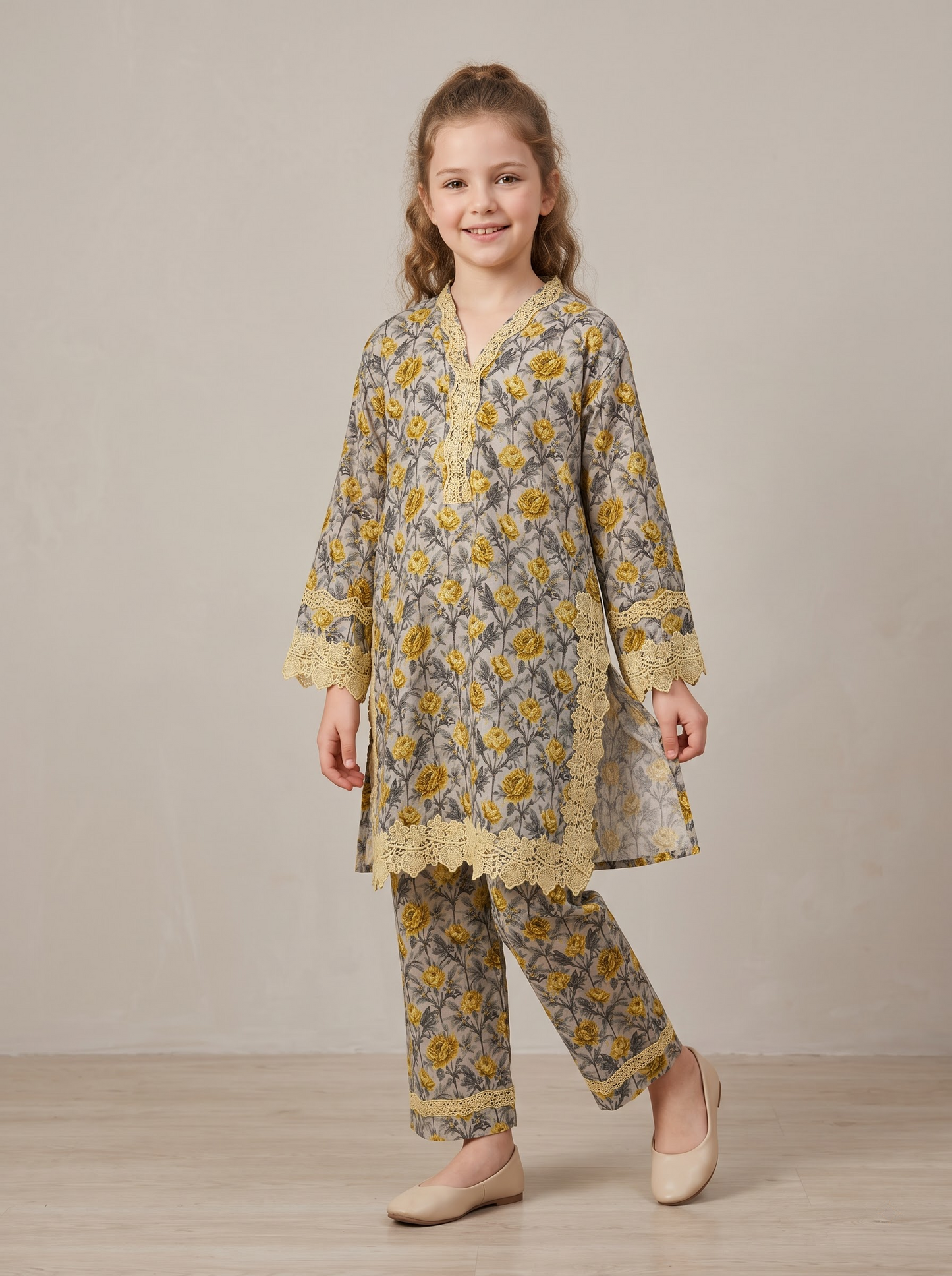 Cotton Printed Lace Work Kurti Set 1674 Grey