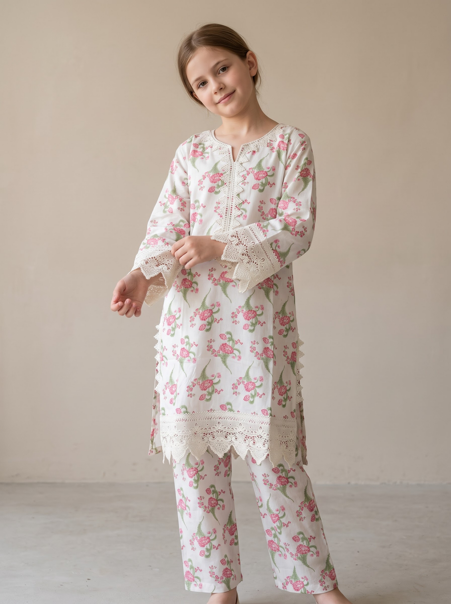 Cotton Printed Kurti Set 1686 White