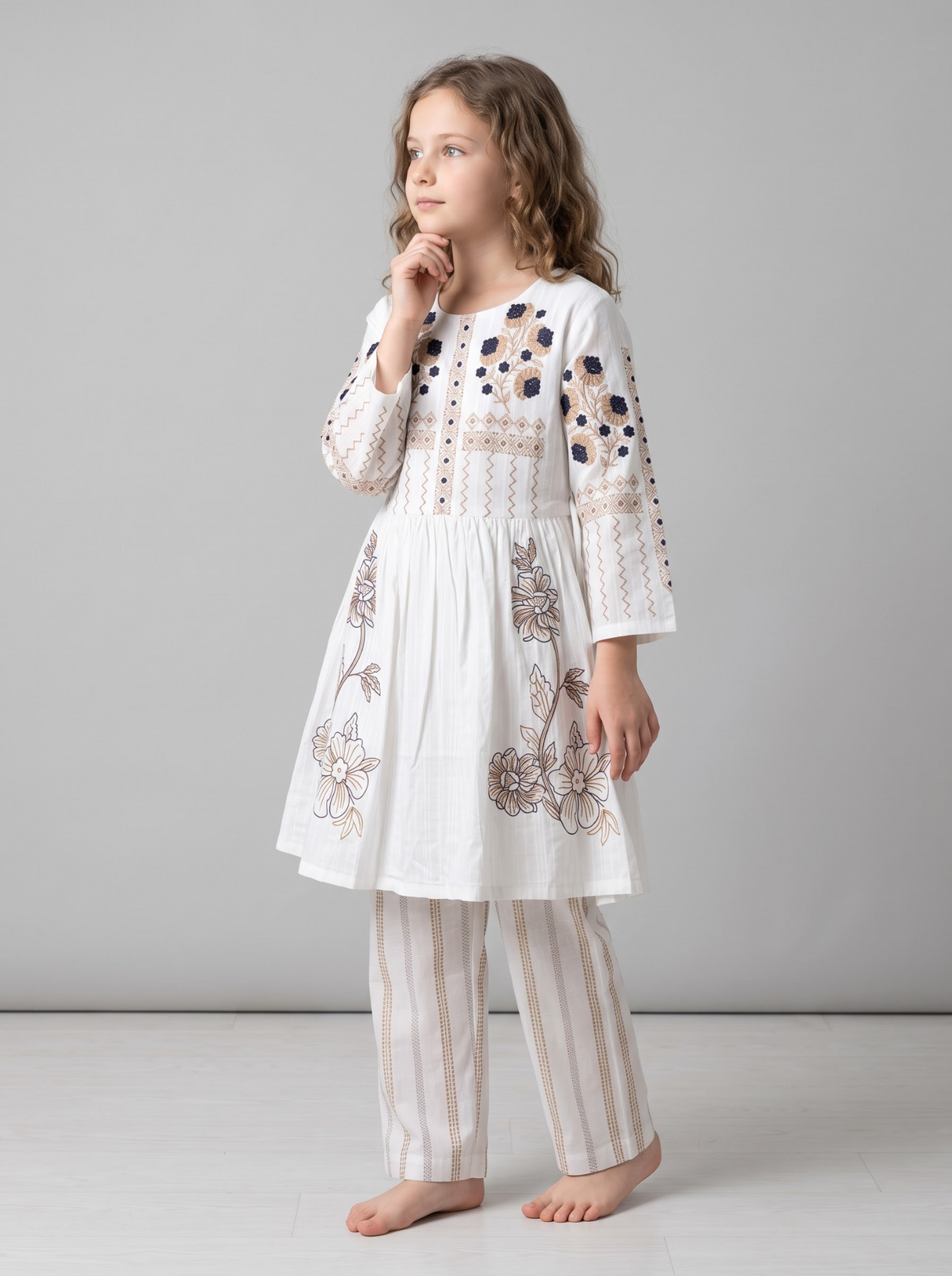 Girls cream cotton embroidery frock set by House of IQF