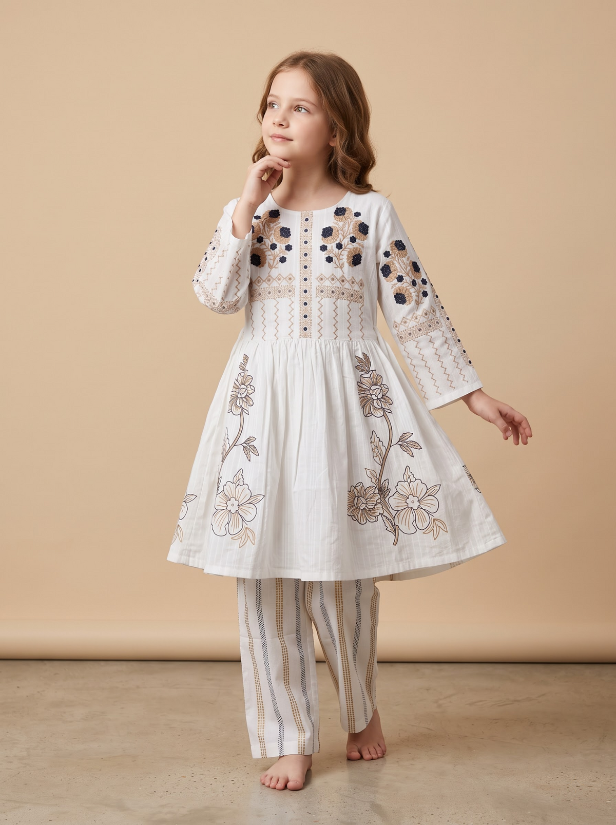Girls cream embroidered frock set front view