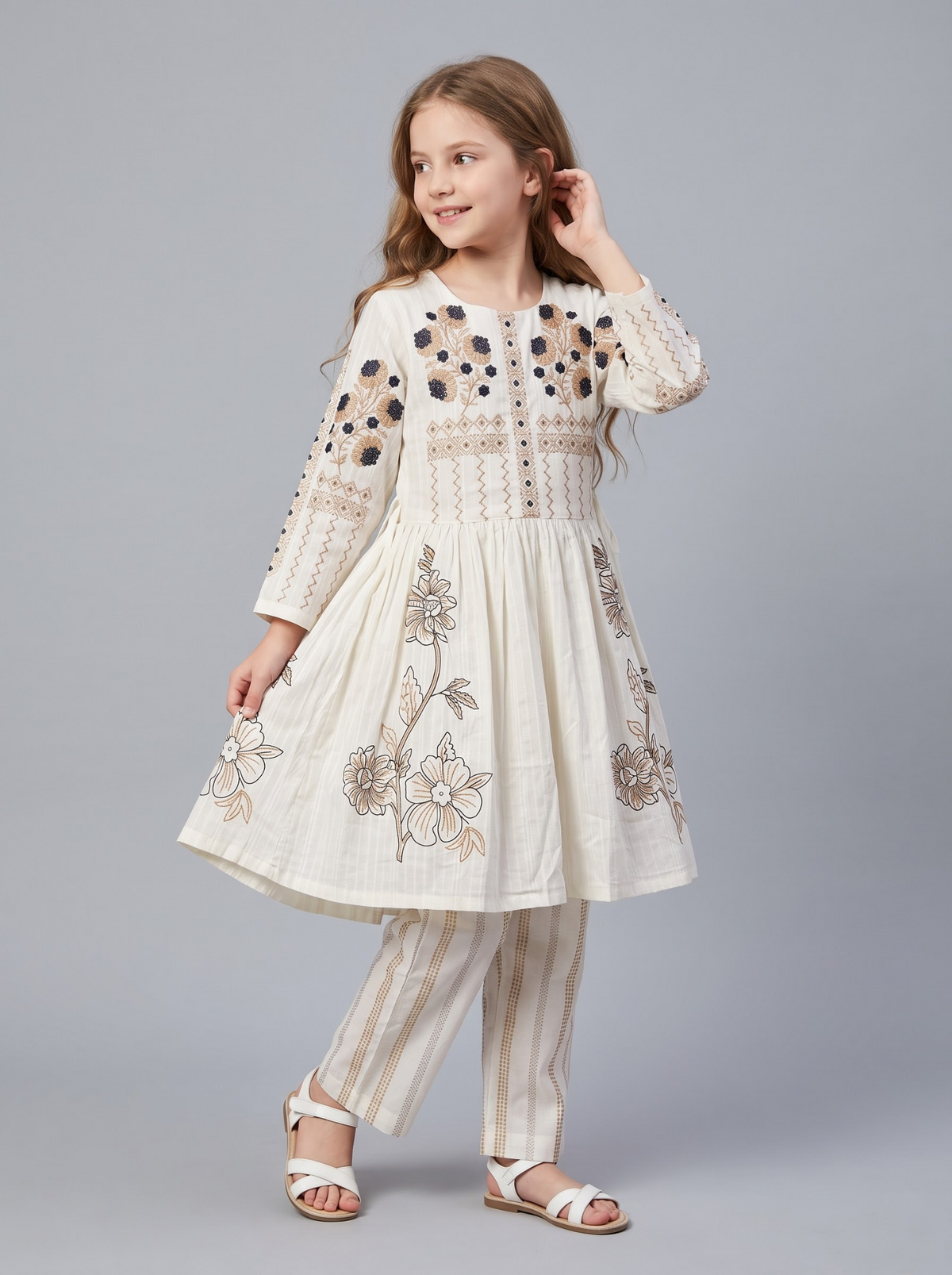 Girls cream cotton embroidery frock with pants