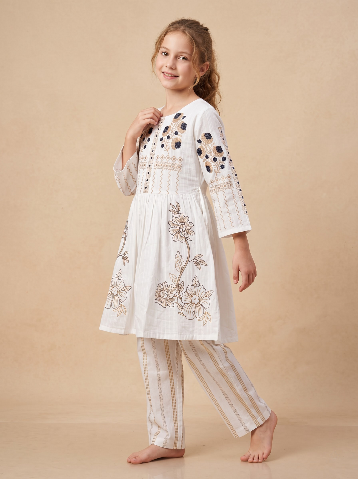 Girls cream traditional embroidered frock set