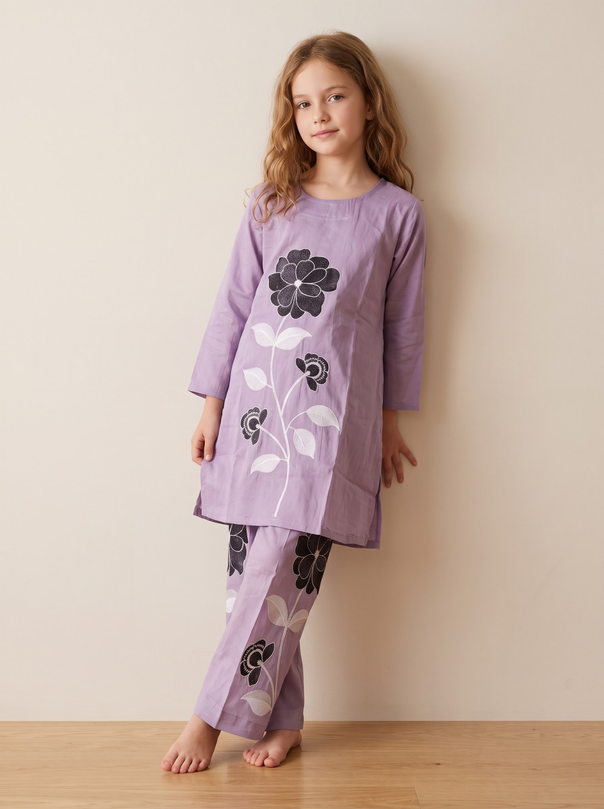 House of IQF girls purple cotton embroidery frock set front view