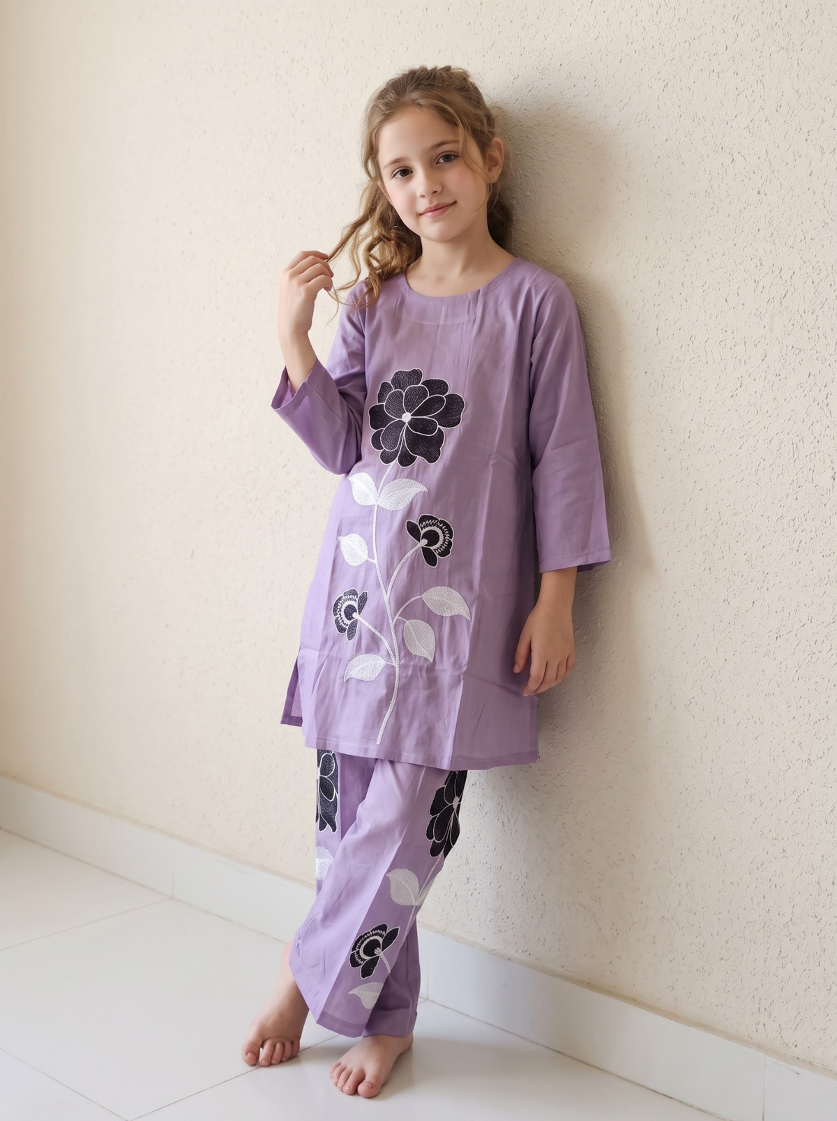 House of IQF girls purple cotton embroidery frock set side view