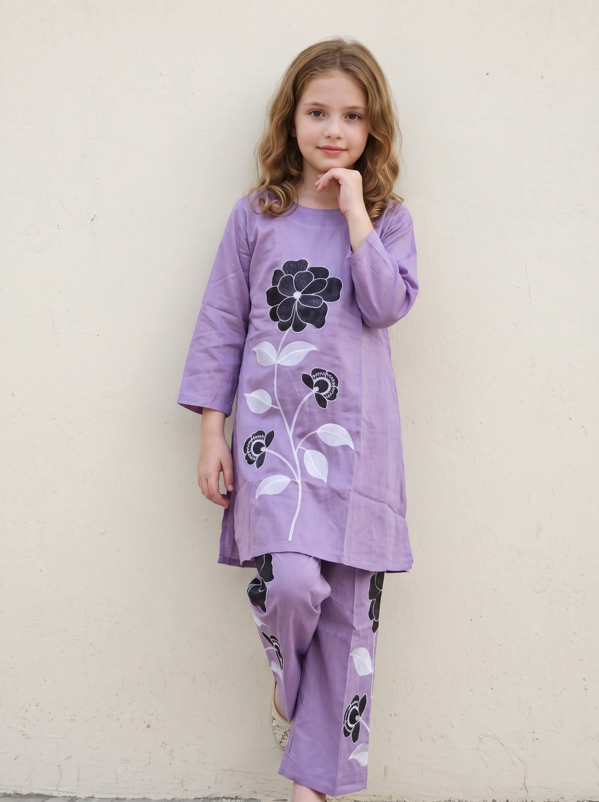 House of IQF girls purple cotton embroidery frock set front detail