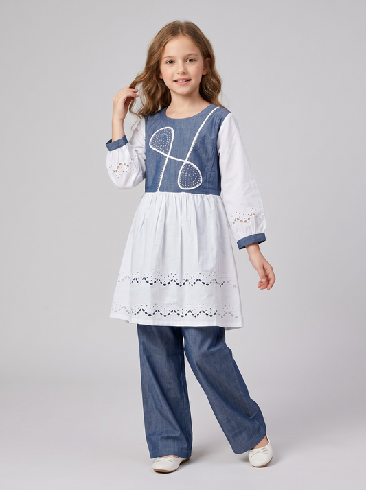 Girls Dark Blue Cotton Denim Pearl Work Frock Set | 1752 Dark Blue