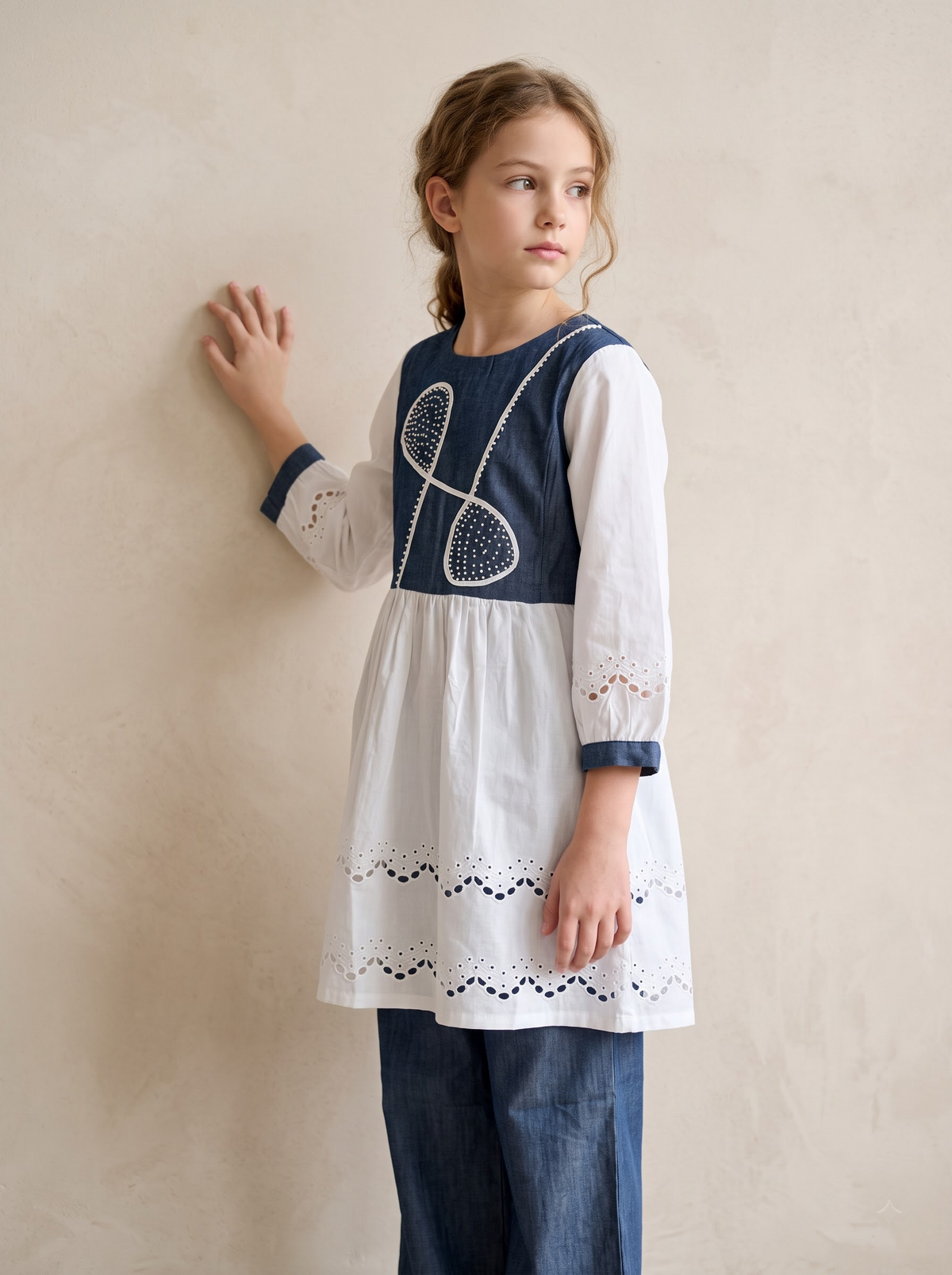 Girls Dark Blue Cotton Denim Pearl Work Frock Set | 1752 Dark Blue