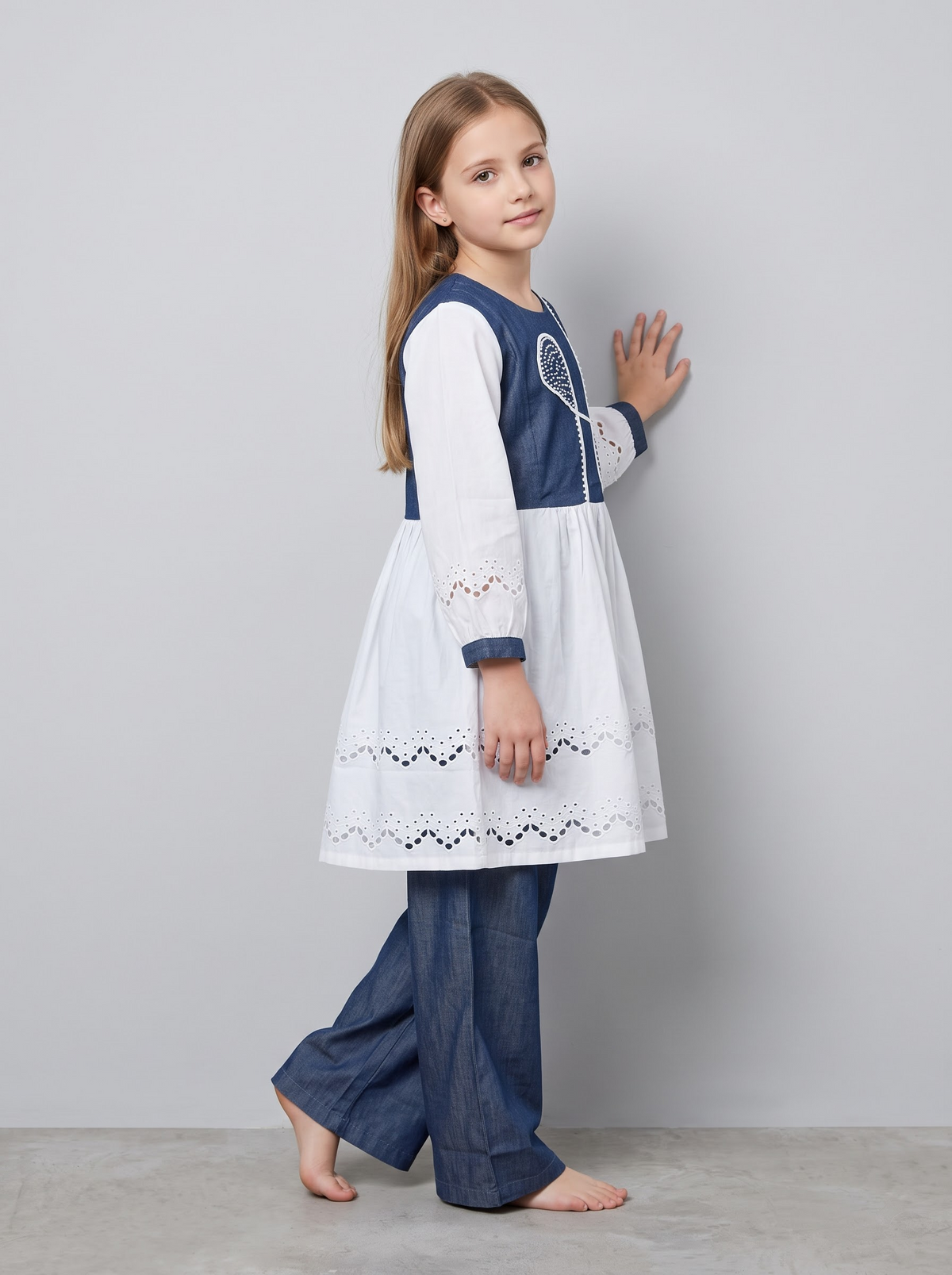 Girls Dark Blue Cotton Denim Pearl Work Frock Set | 1752 Dark Blue