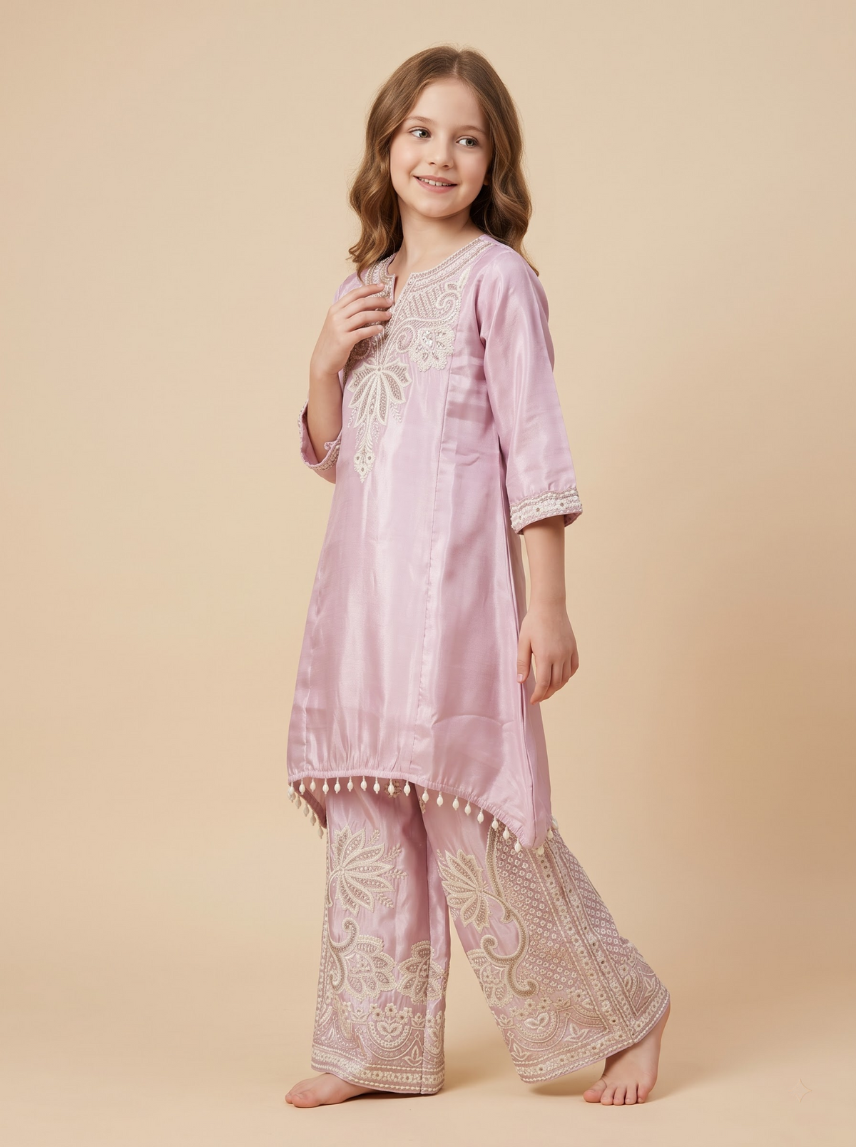 Pink satin embroidered plazo set for girls – full look