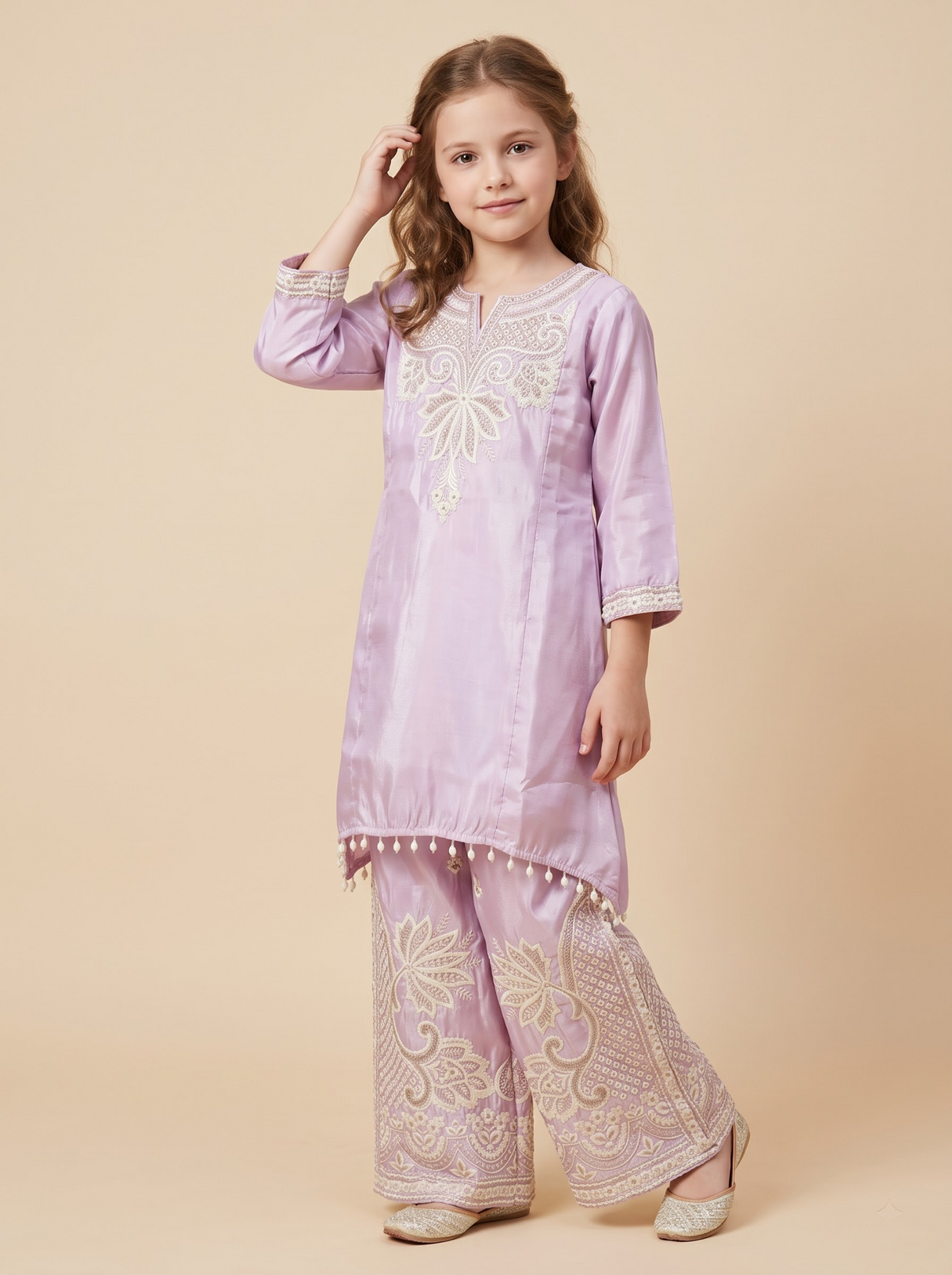 Pink satin embroidered plazo set for girls – front detail