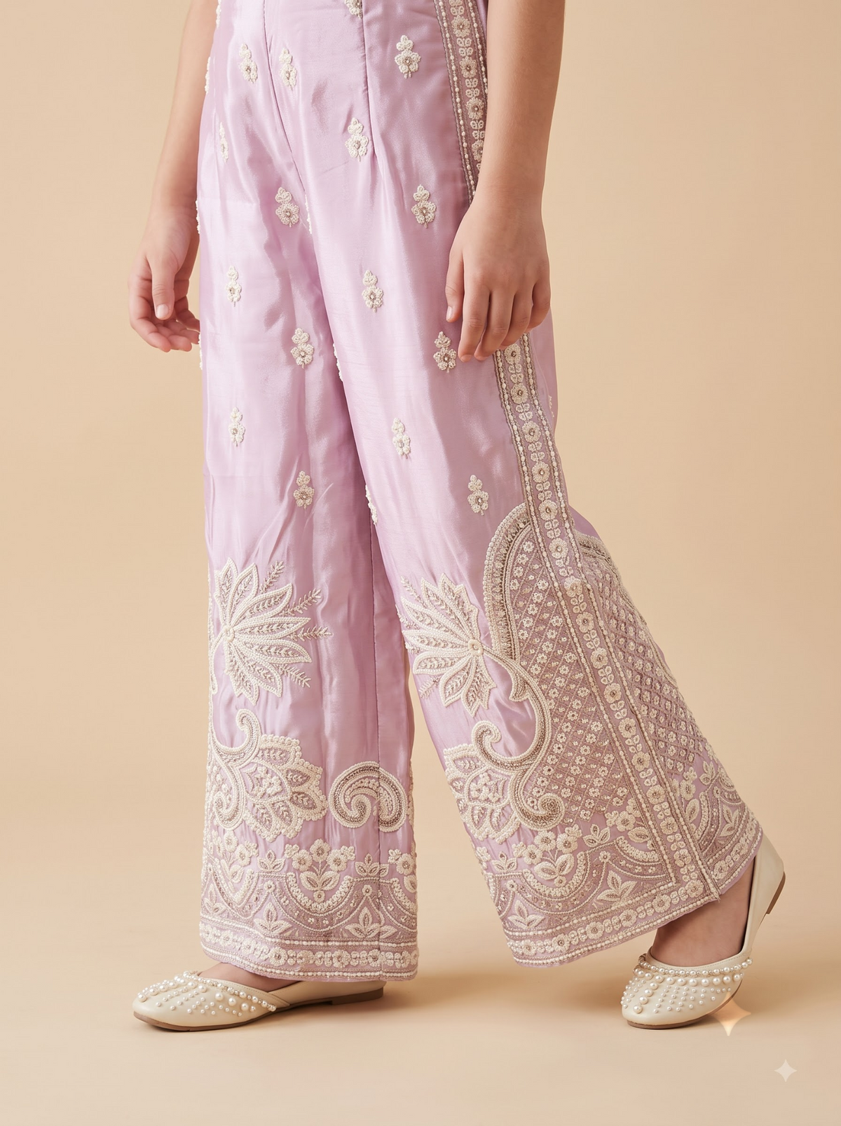 Pink satin embroidered plazo set for girls – plazo embroidery detail