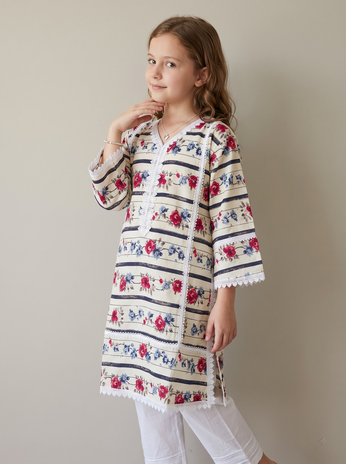 Cotton Printed Kurti Set 1758 Cream