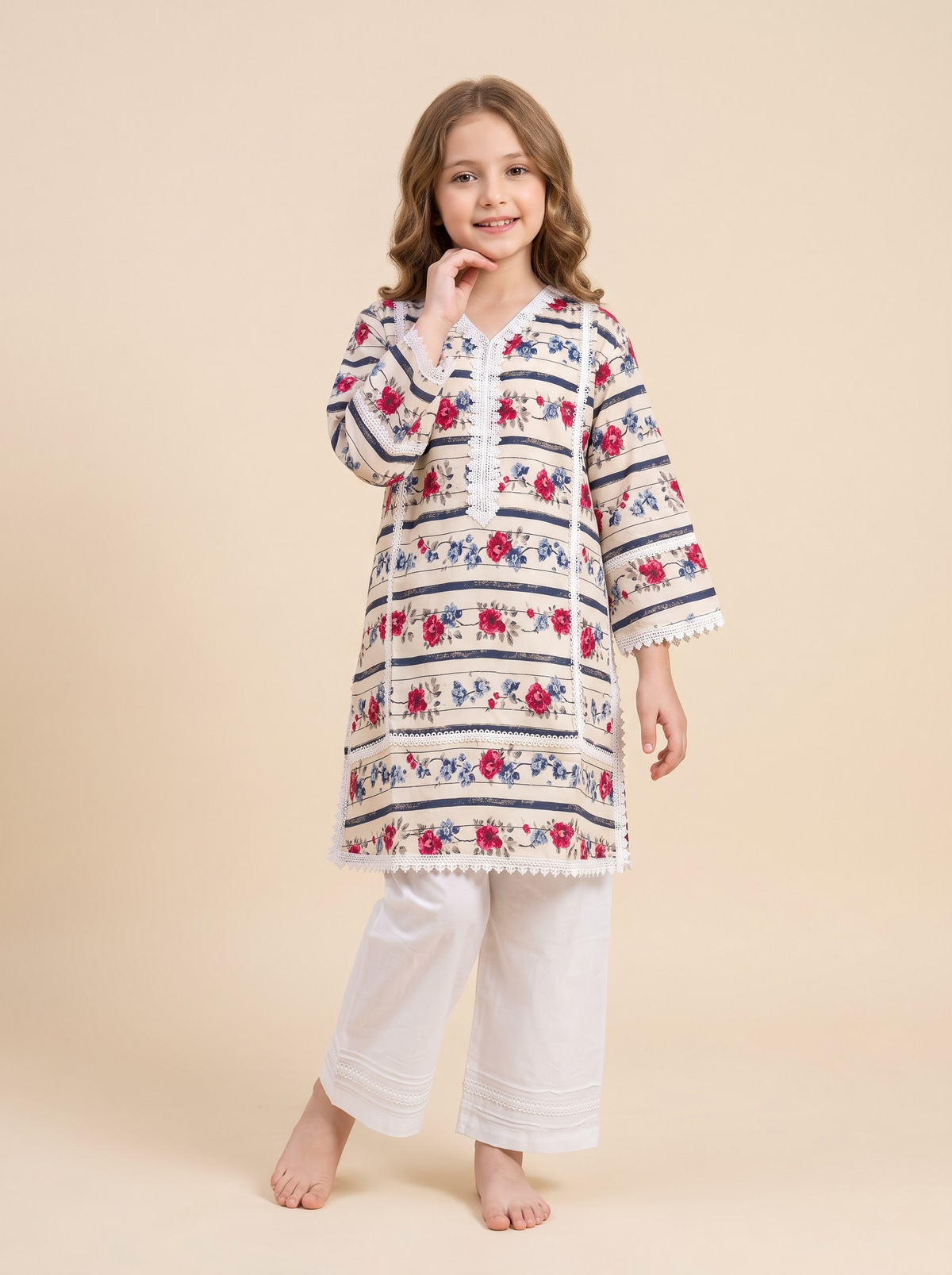Cotton Printed Kurti Set 1758 Cream