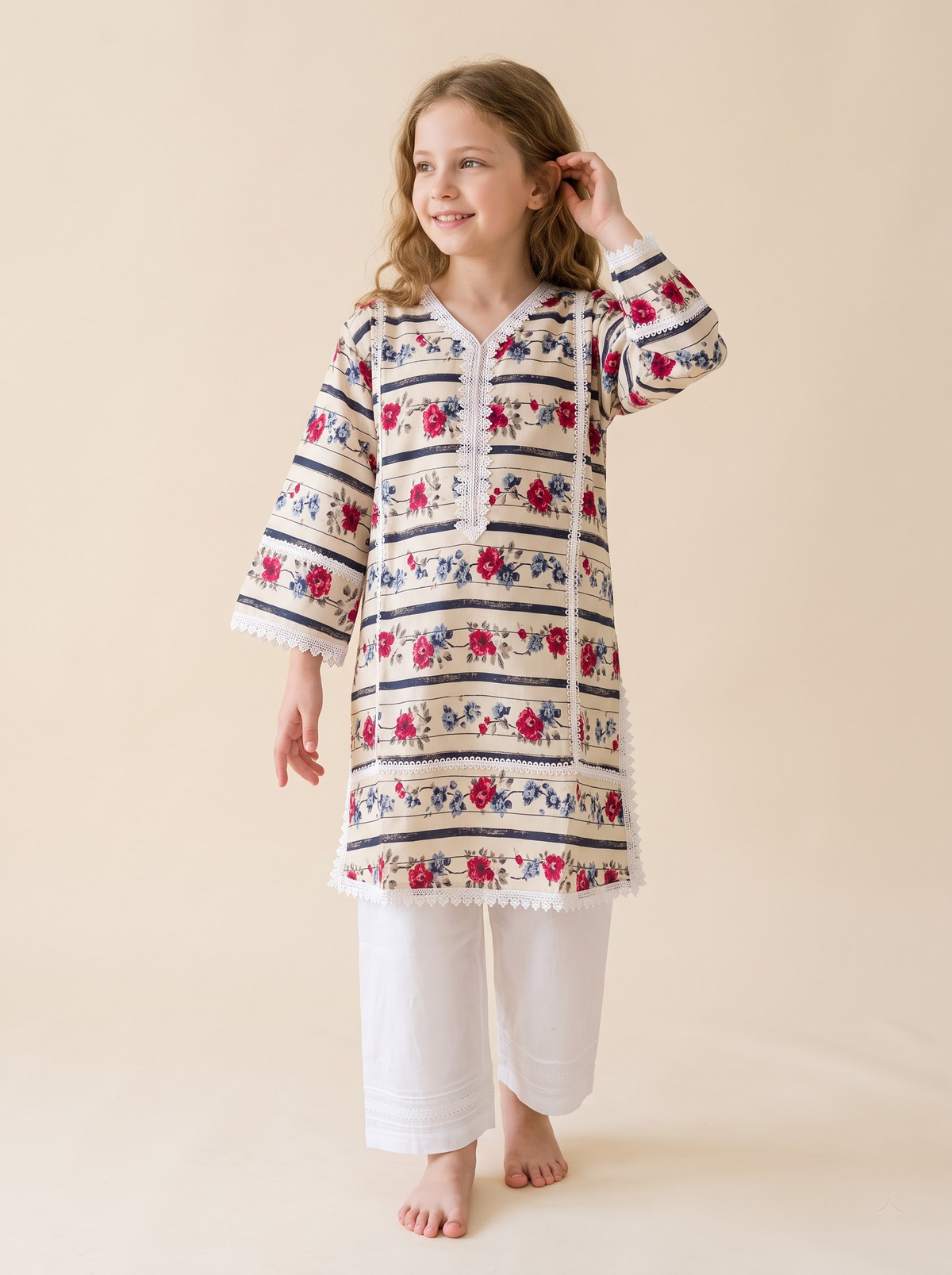 Cotton Printed Kurti Set 1758 Cream