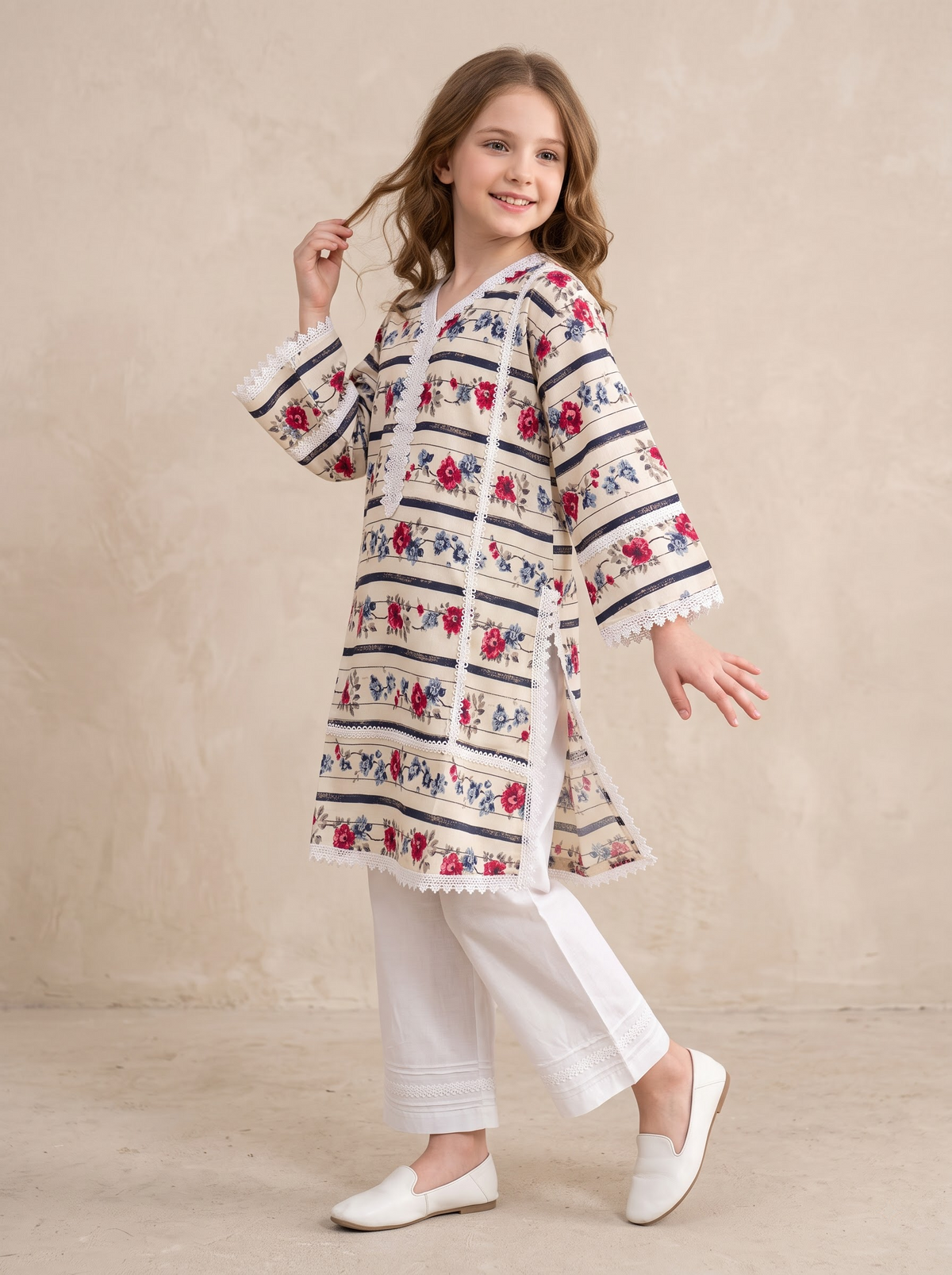 Cotton Printed Kurti Set 1758 Cream