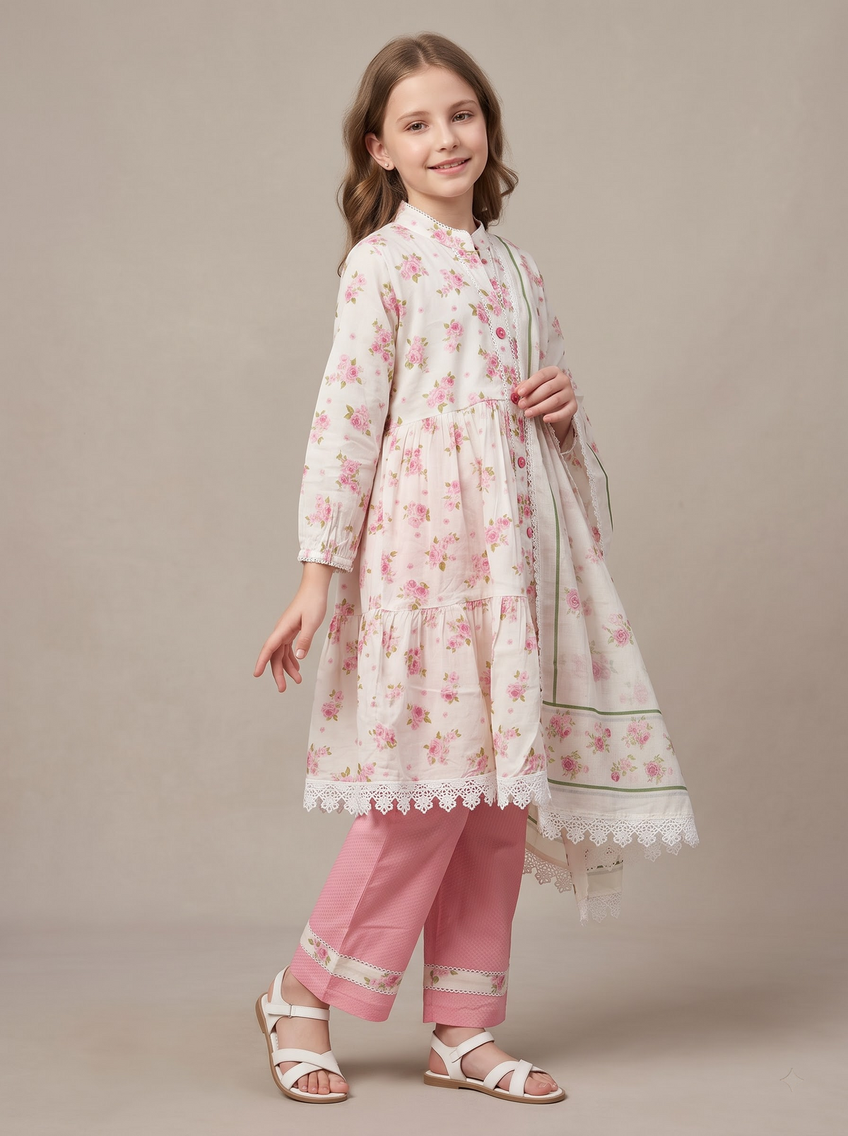 Girls Pink Cotton Printed Lace Work Frock Set – Floral Kurti Set | 1755 Pink