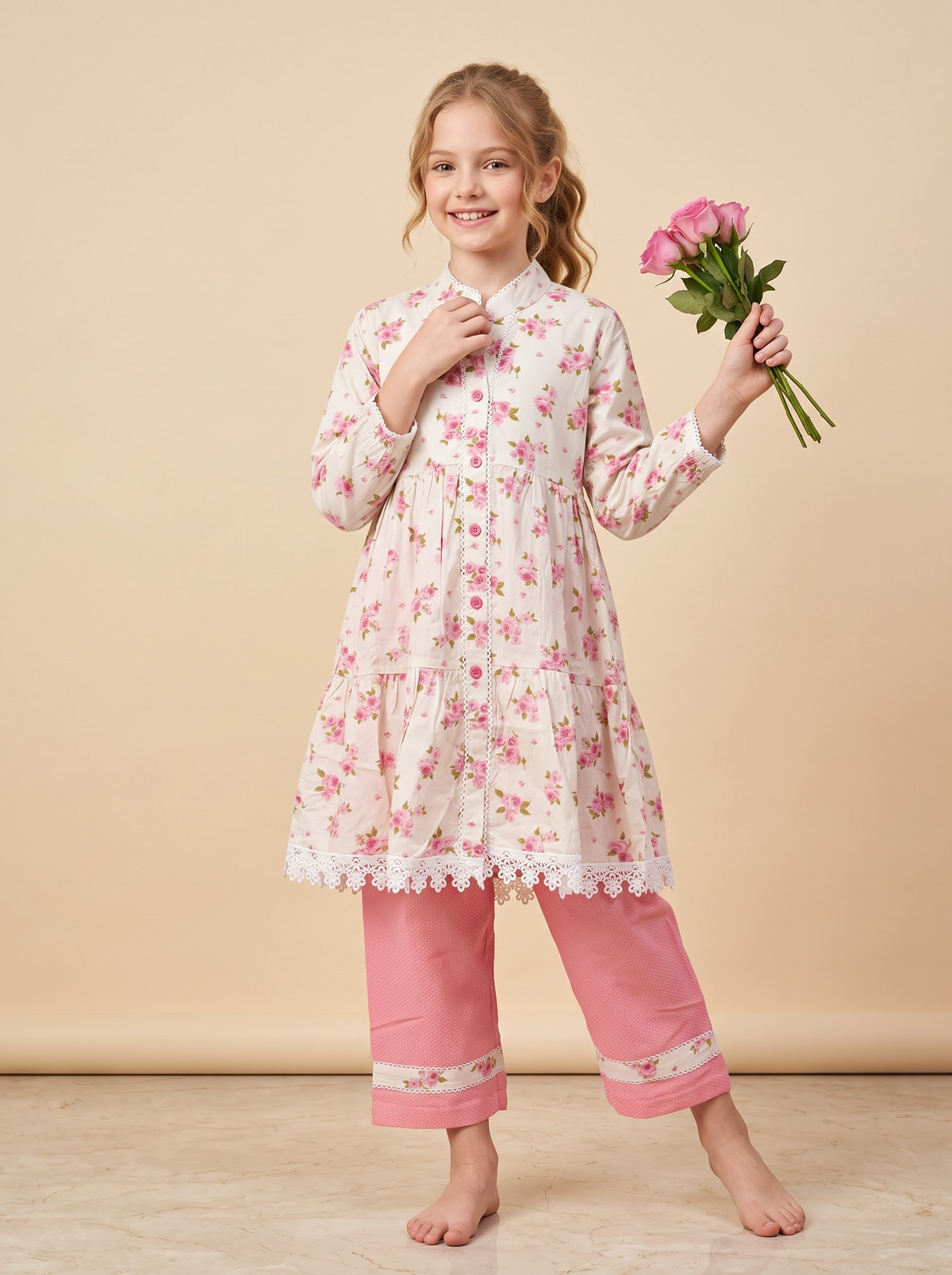 Girls Pink Cotton Printed Lace Work Frock Set – Floral Kurti Set | 1755 Pink