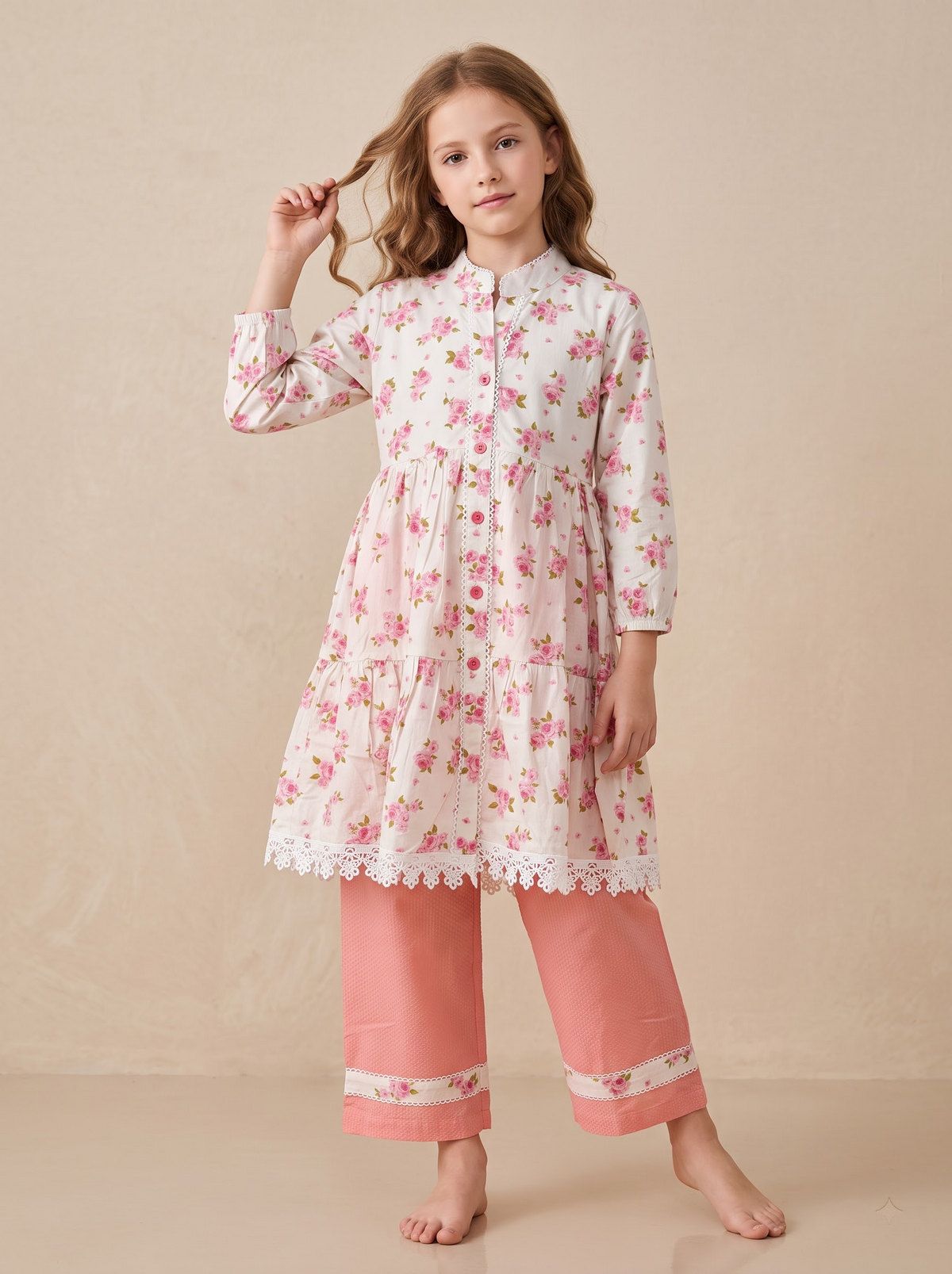 Girls Pink Cotton Printed Lace Work Frock Set – Floral Kurti Set | 1755 Pink