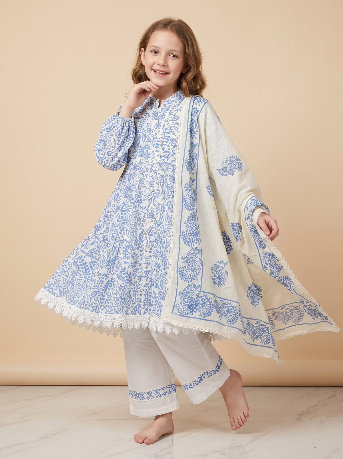Cotton Printed Frock Set With Dupatta 1756 White