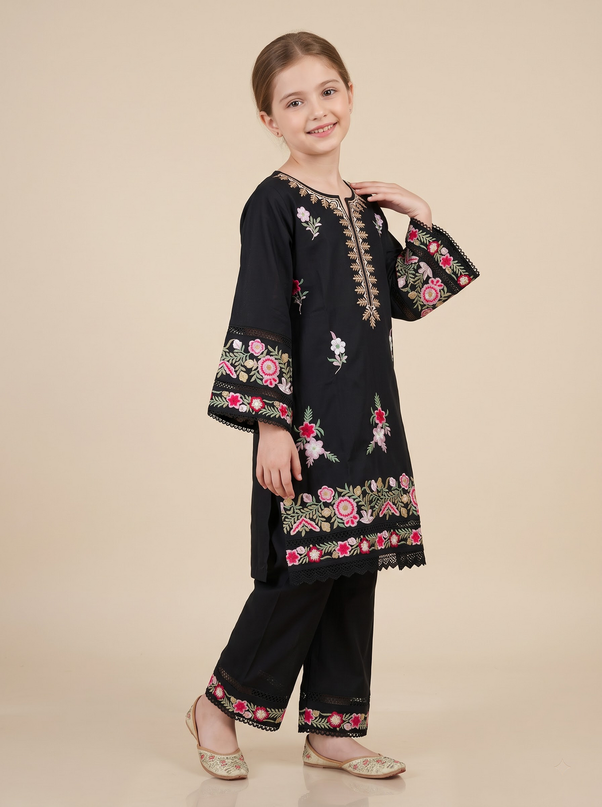 Cotton Embroidery Kurti Set 1759 Black