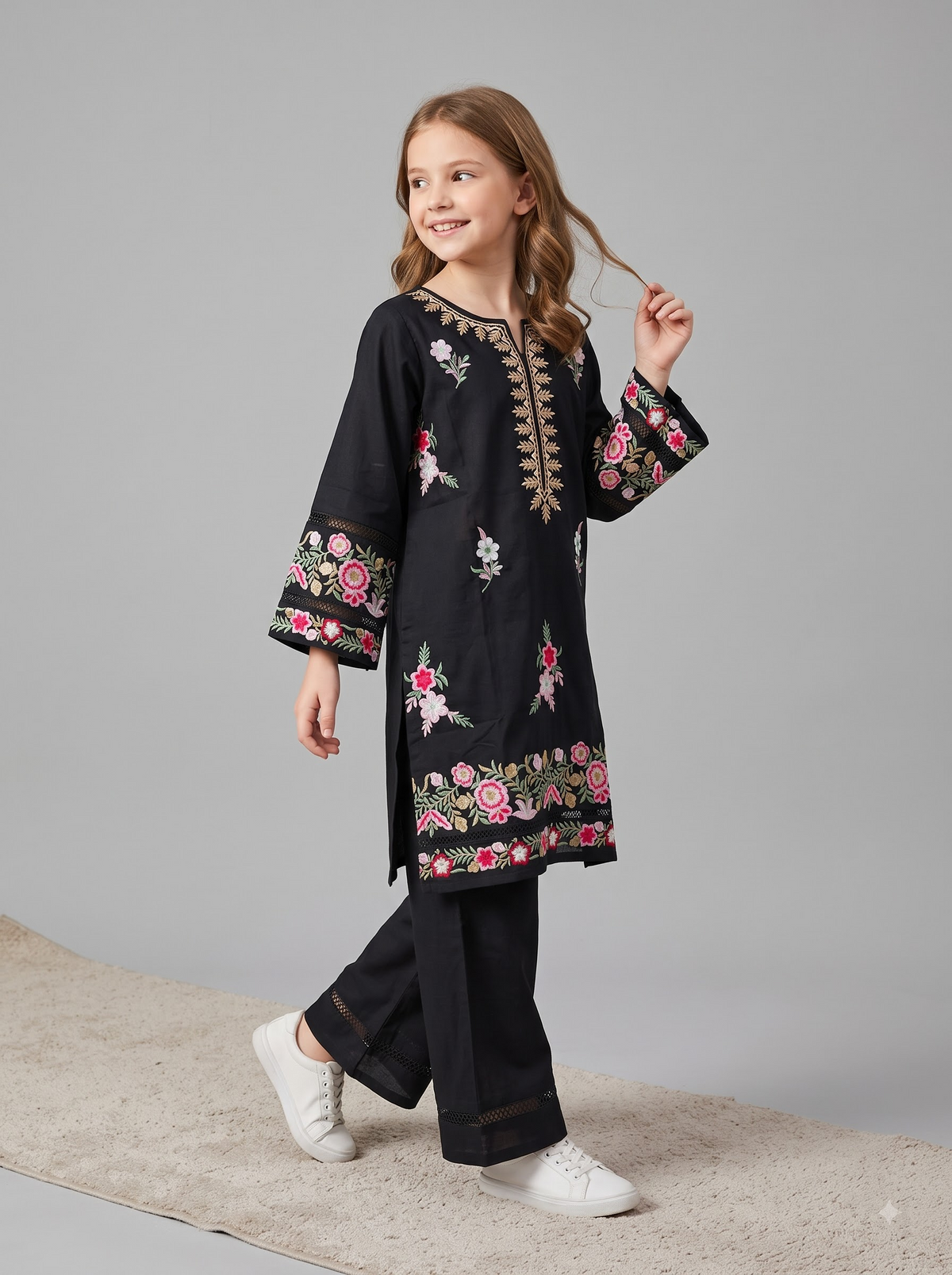 Cotton Embroidery Kurti Set 1759 Black