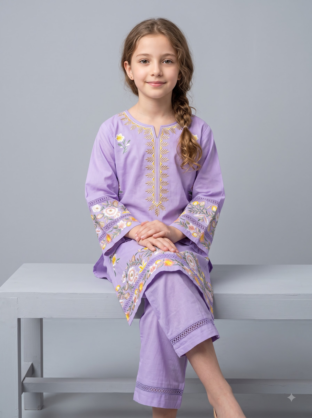 Cotton Embroidery Kurti Set 1760 Purple