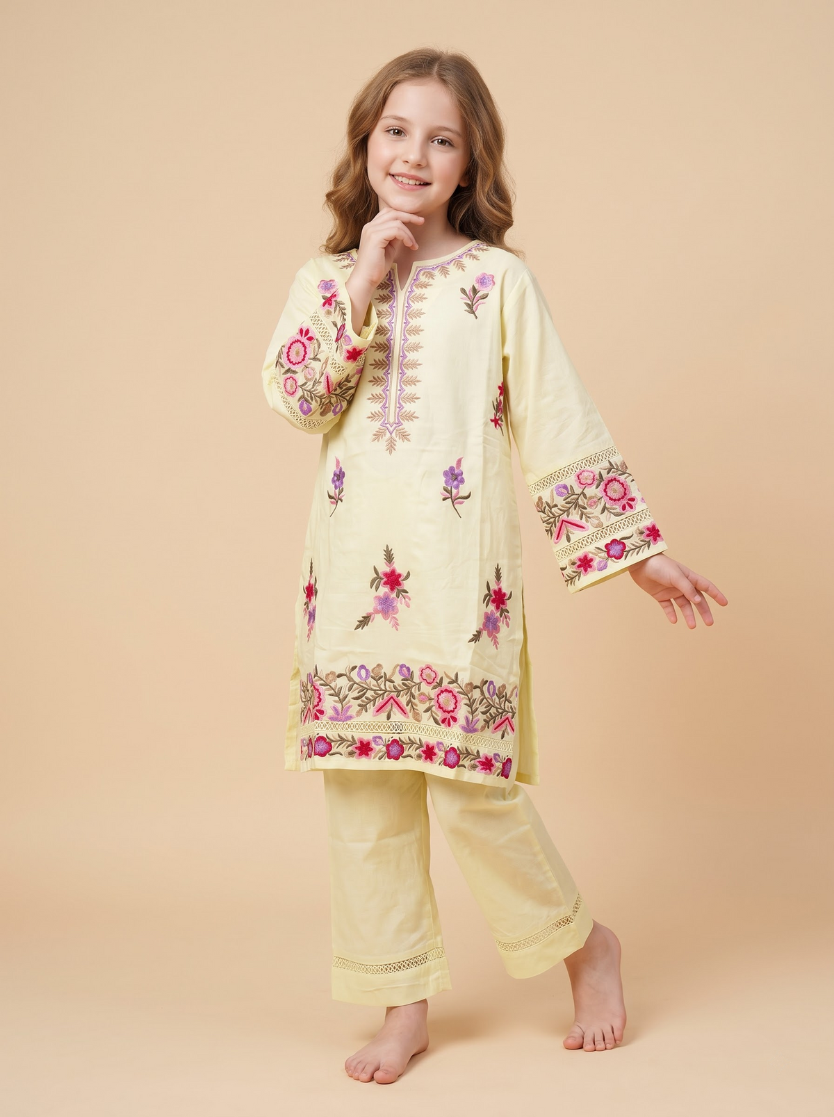 Cotton Embroidery Kurti Set 1761 Yellow
