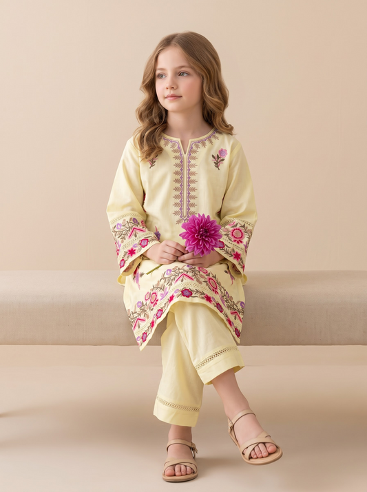 Cotton Embroidery Kurti Set 1761 Yellow