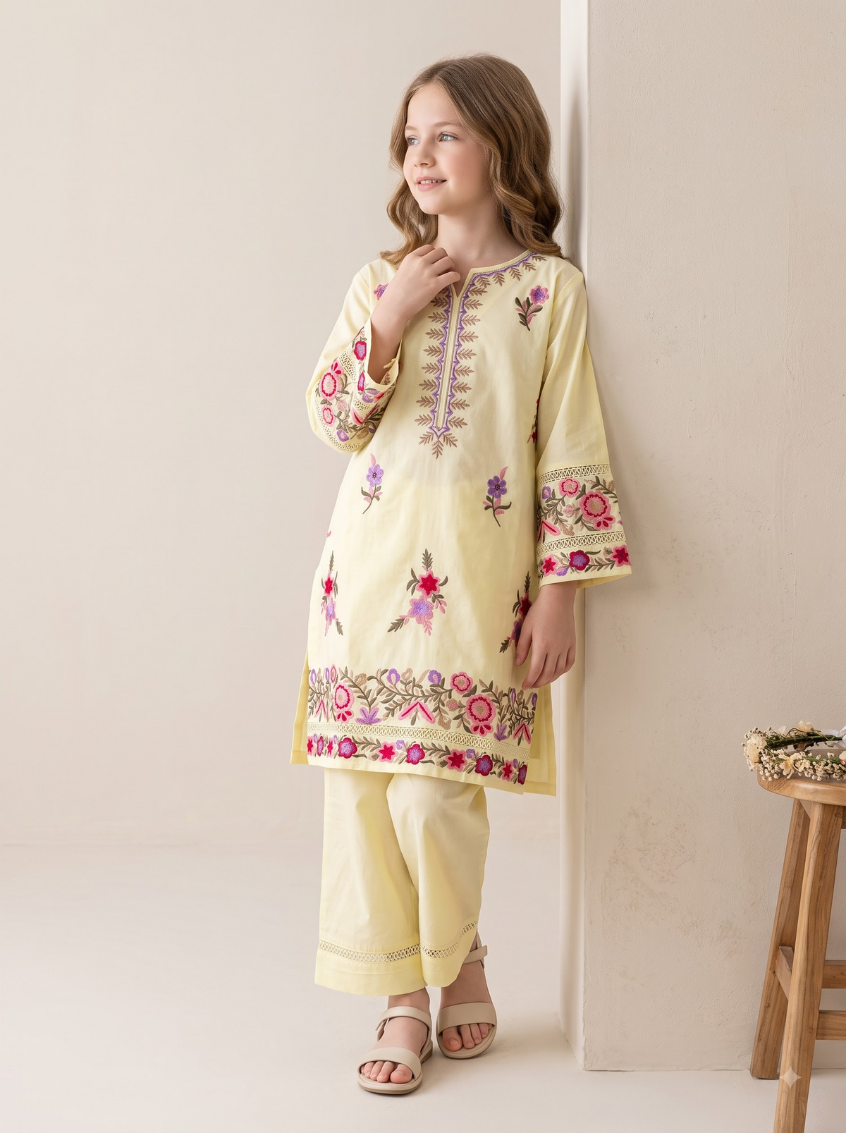 Cotton Embroidery Kurti Set 1761 Yellow