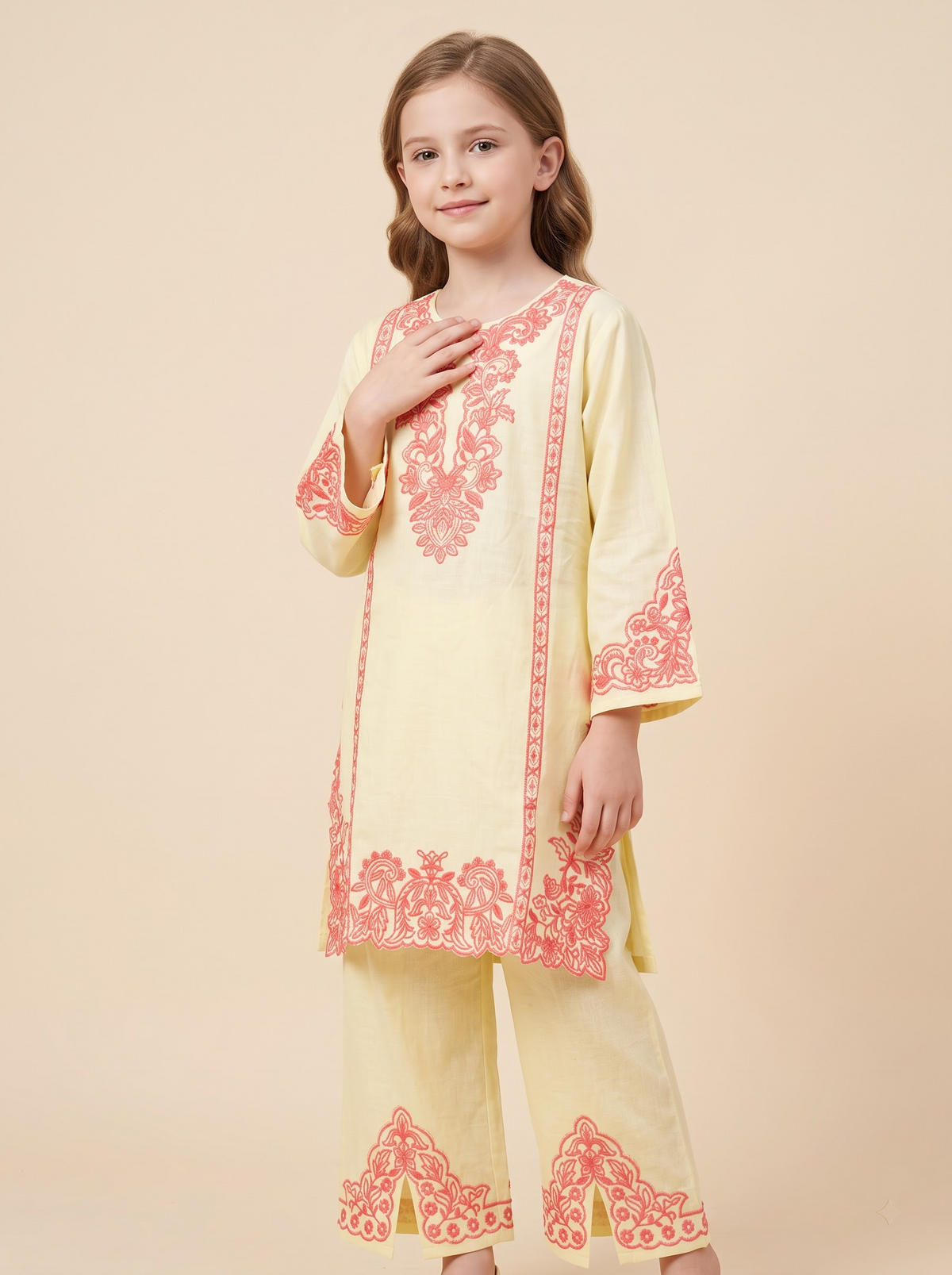Cotton Embroidery Boot Cut Pant Set 1762 Yellow
