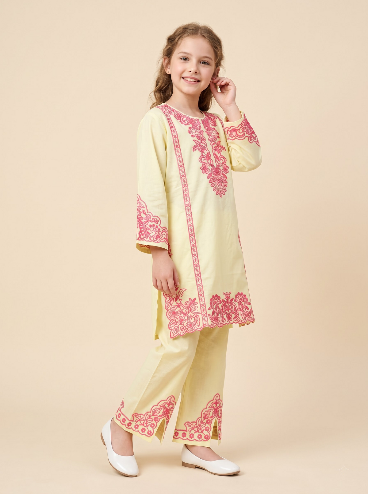 Cotton Embroidery Boot Cut Pant Set 1762 Yellow