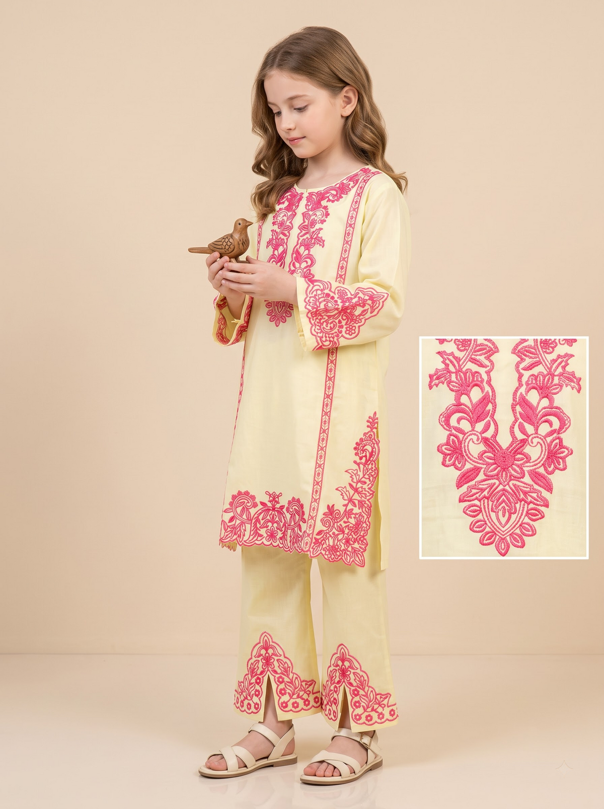 Cotton Embroidery Boot Cut Pant Set 1762 Yellow