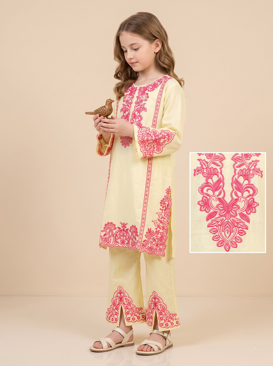 Cotton Embroidery Boot Cut Pant Set 1762 Yellow