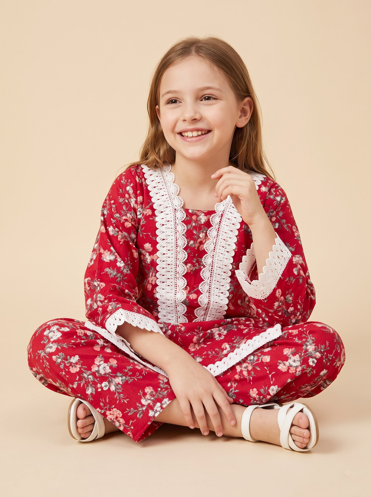 Girls Red Floral Cotton Printed Lace Work Kurti Set | 1764 Red