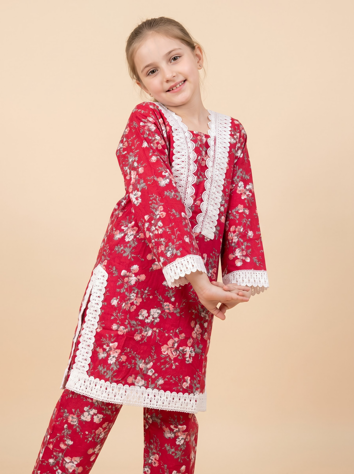 Girls Red Floral Cotton Printed Lace Work Kurti Set | 1764 Red